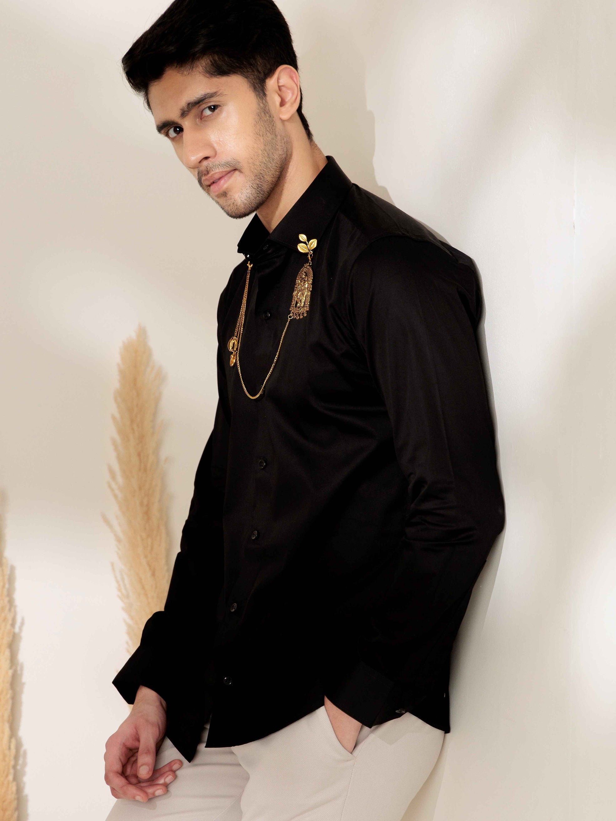 FOOMER RADHEKRISHNA BLACK DESIGNER SATIN COTTON SHIRT