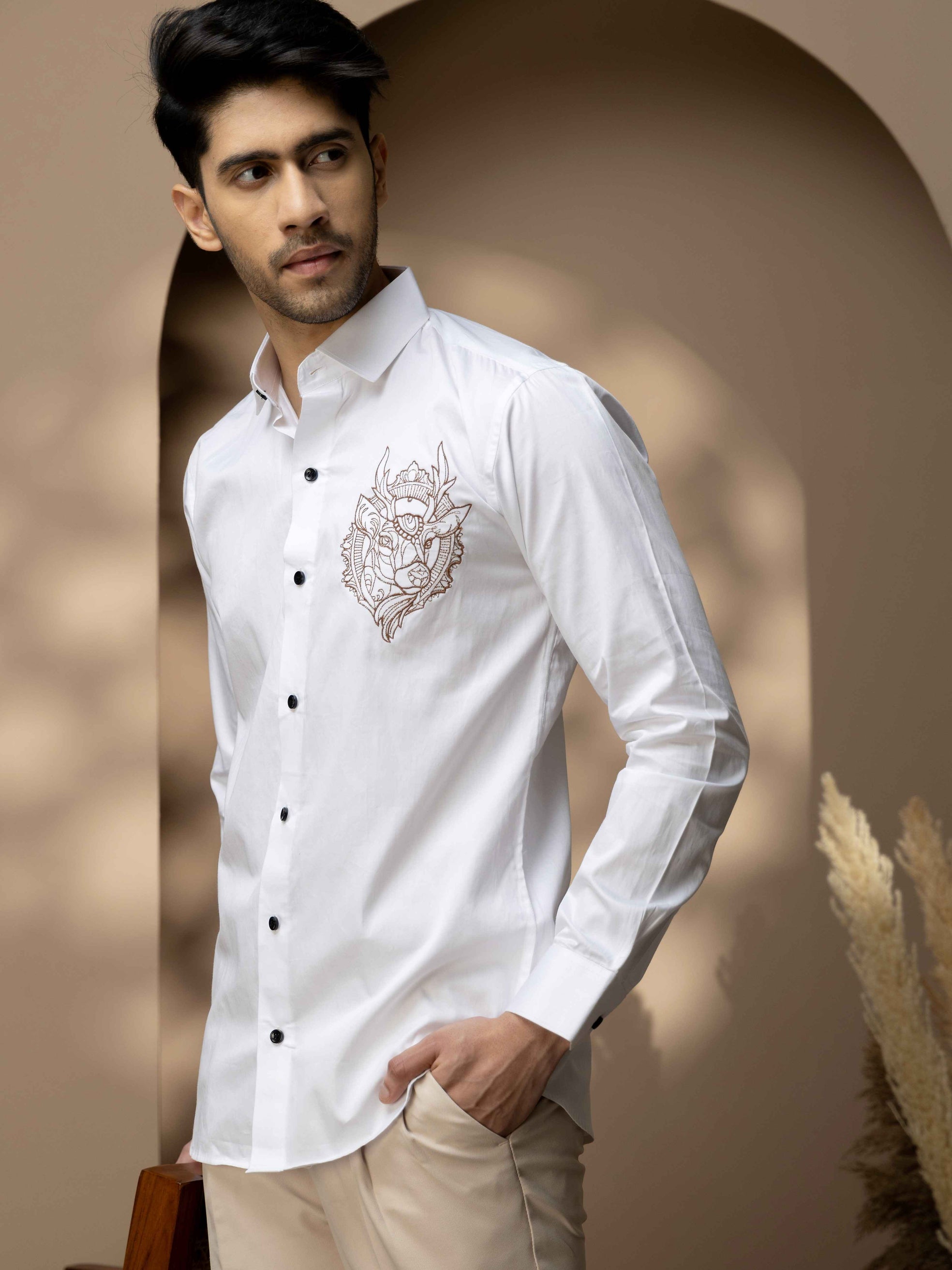 Foomer Moose White Embroidered Club Wear Satin Cotton Shirt