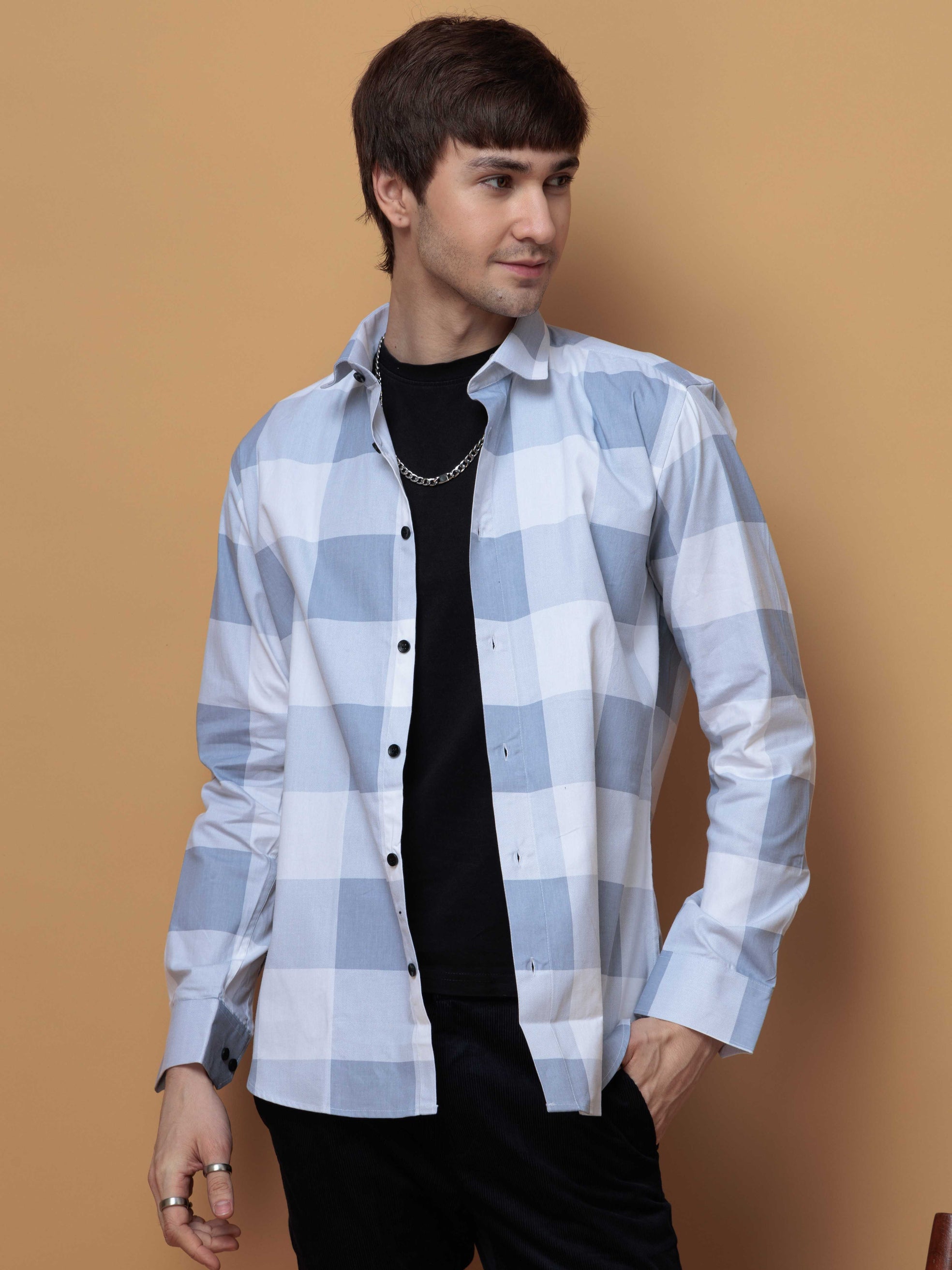FOOMER GREY CHECKED COTTON CASUAL SHIRT FOR MEN'S