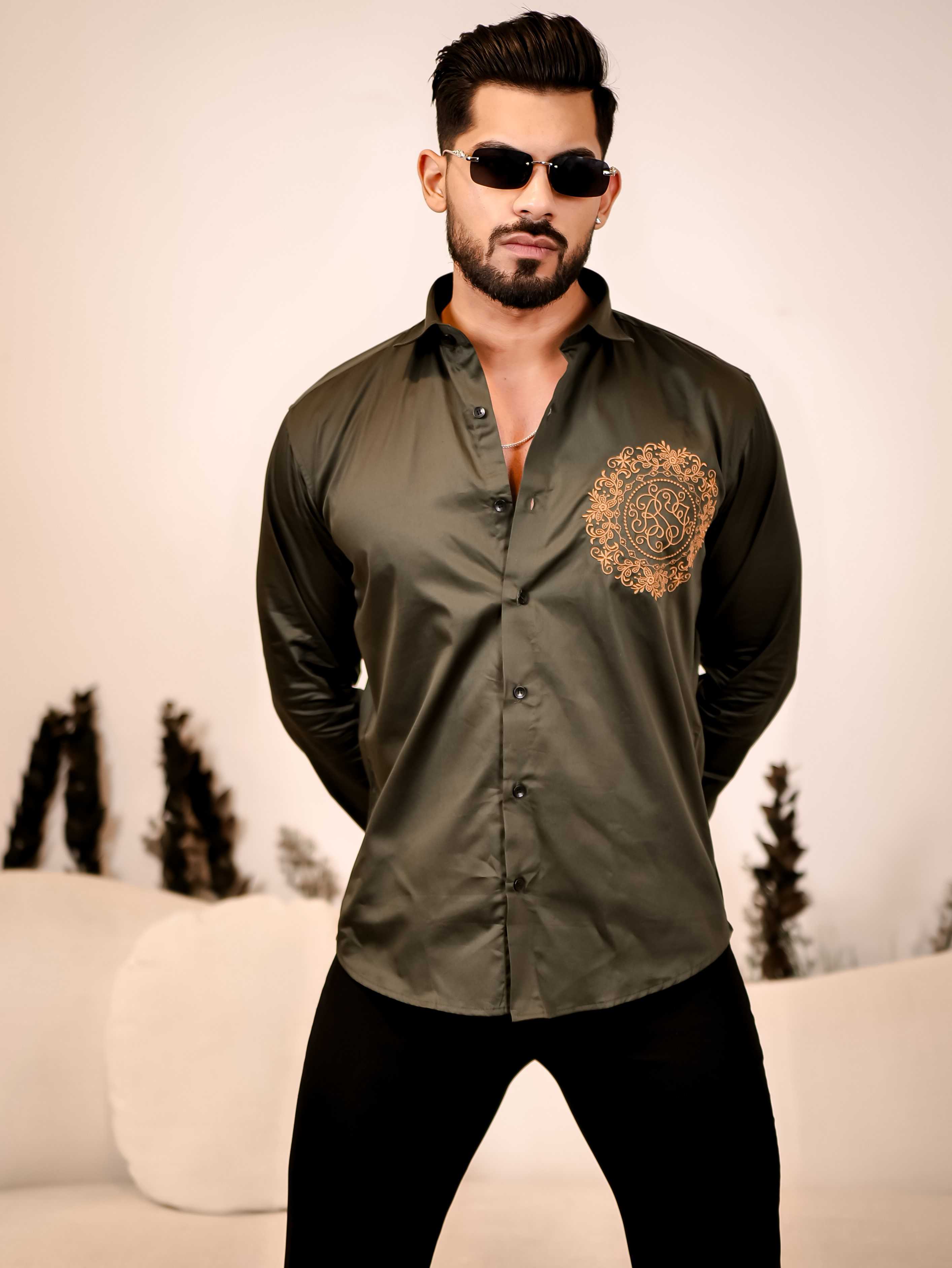 Ancient feel Olive Green Embroidered Club Wear Satin Cotton Shirt