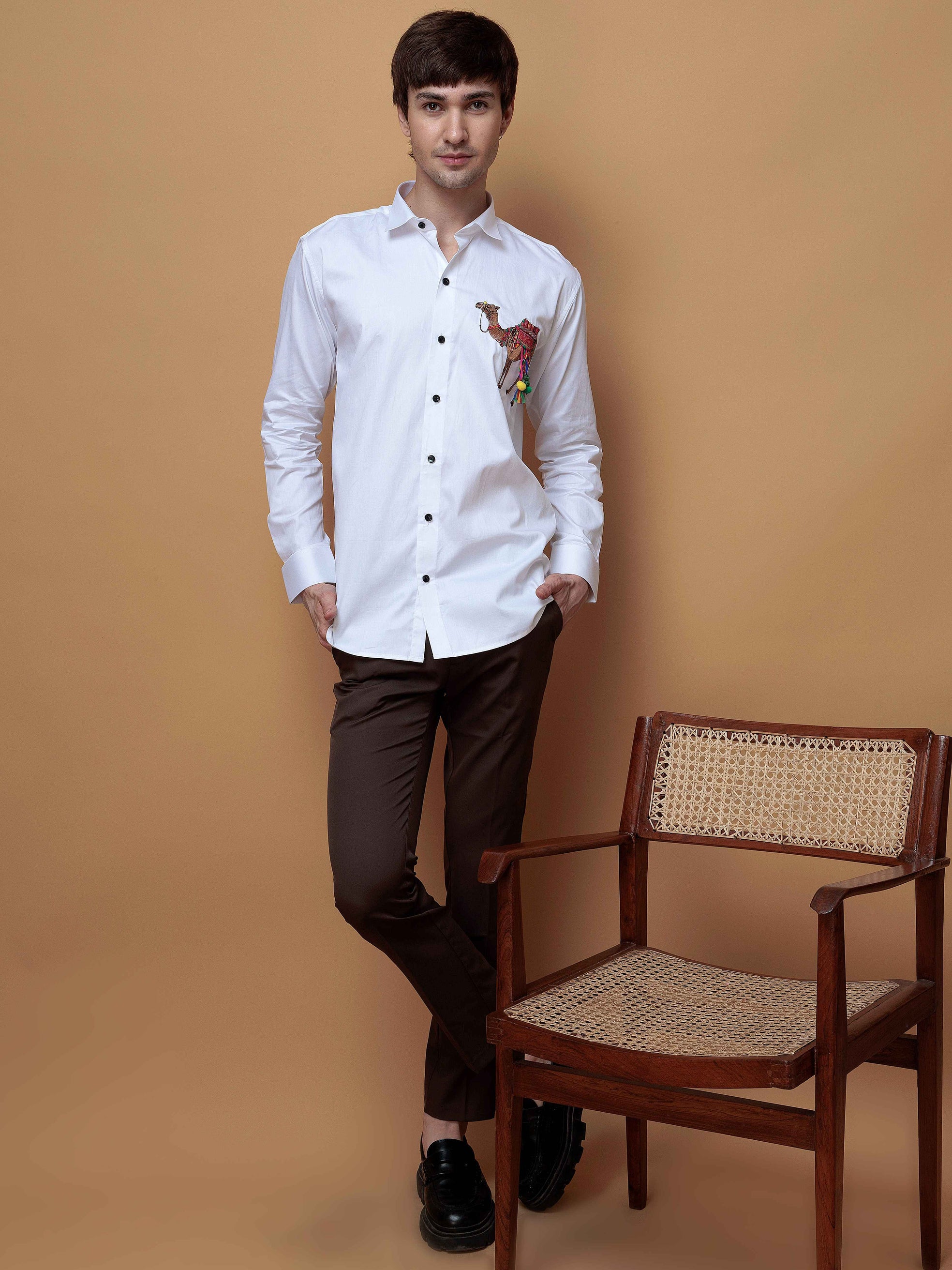 WHITE CAMEL EMBROIDERED DESIGNER SATIN COTTON SHIRT FOR MEN'S