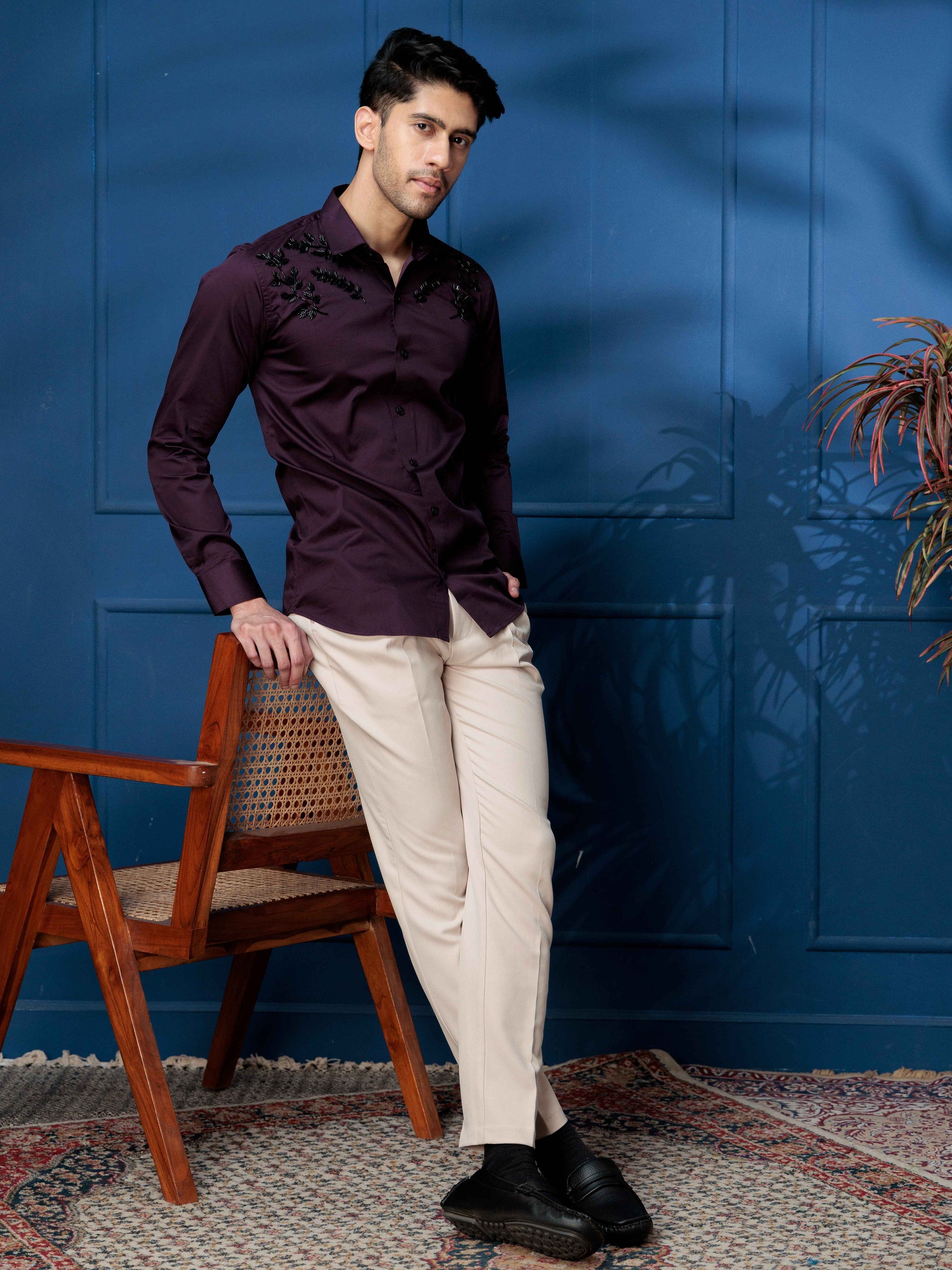 FOOMER WAVE HD RHINESTONE HAND WORK SATIN COTTON SHIRT FOR MEN