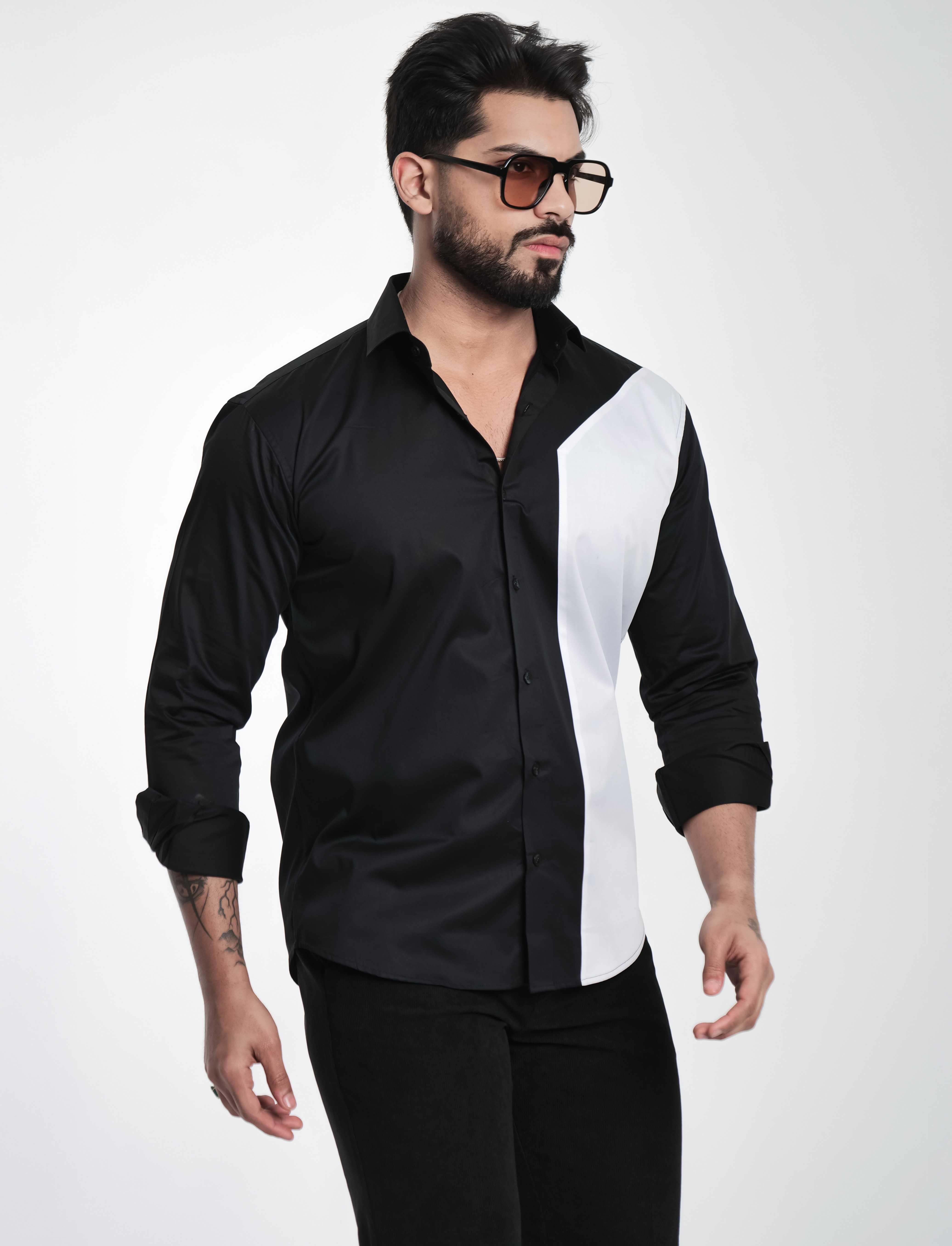 FOOMER BLACK AND WHITE CUT N SEW DESIGNER SHIRT FOR MEN&#39;S