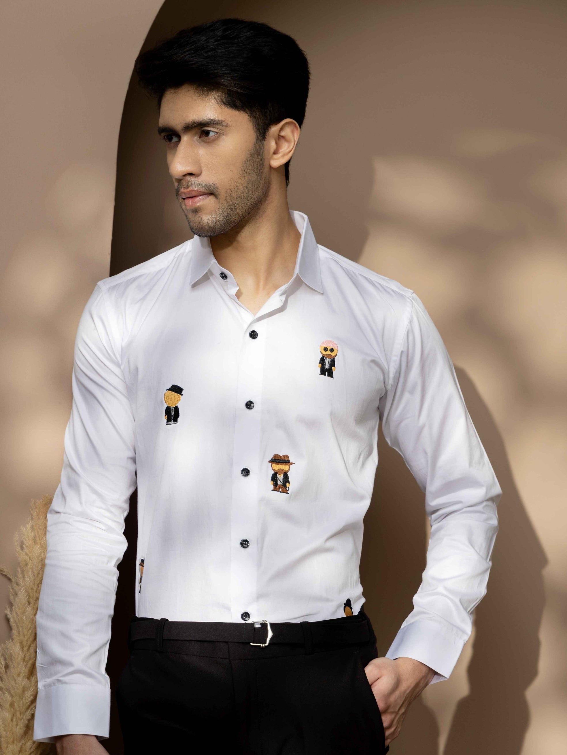 FOOMER WHITE EMBROIDERED DESIGNER WEAR SATIN COTTON SHIRT