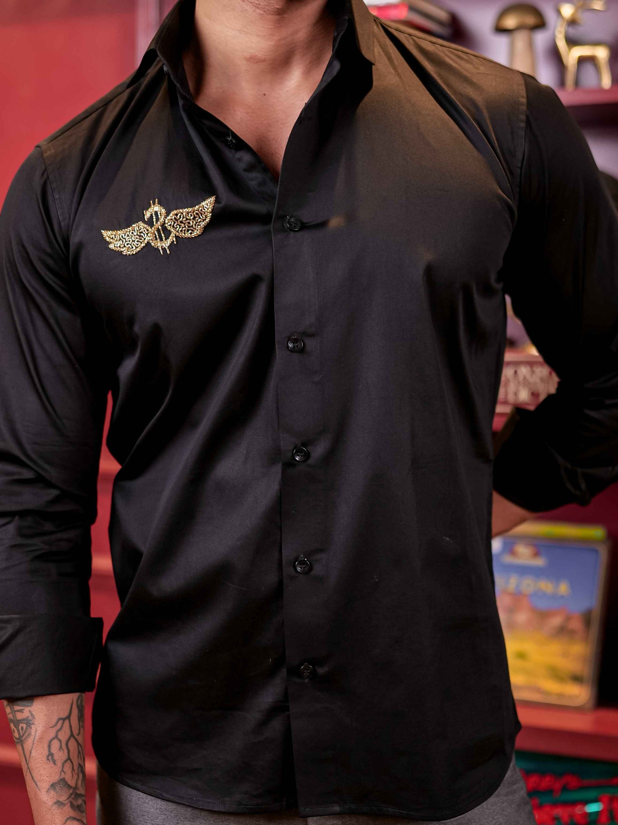 BLACK WINGS RHINESTONE HAND WORK SATIN COTTON PREMIUM MEN'S SHIRT