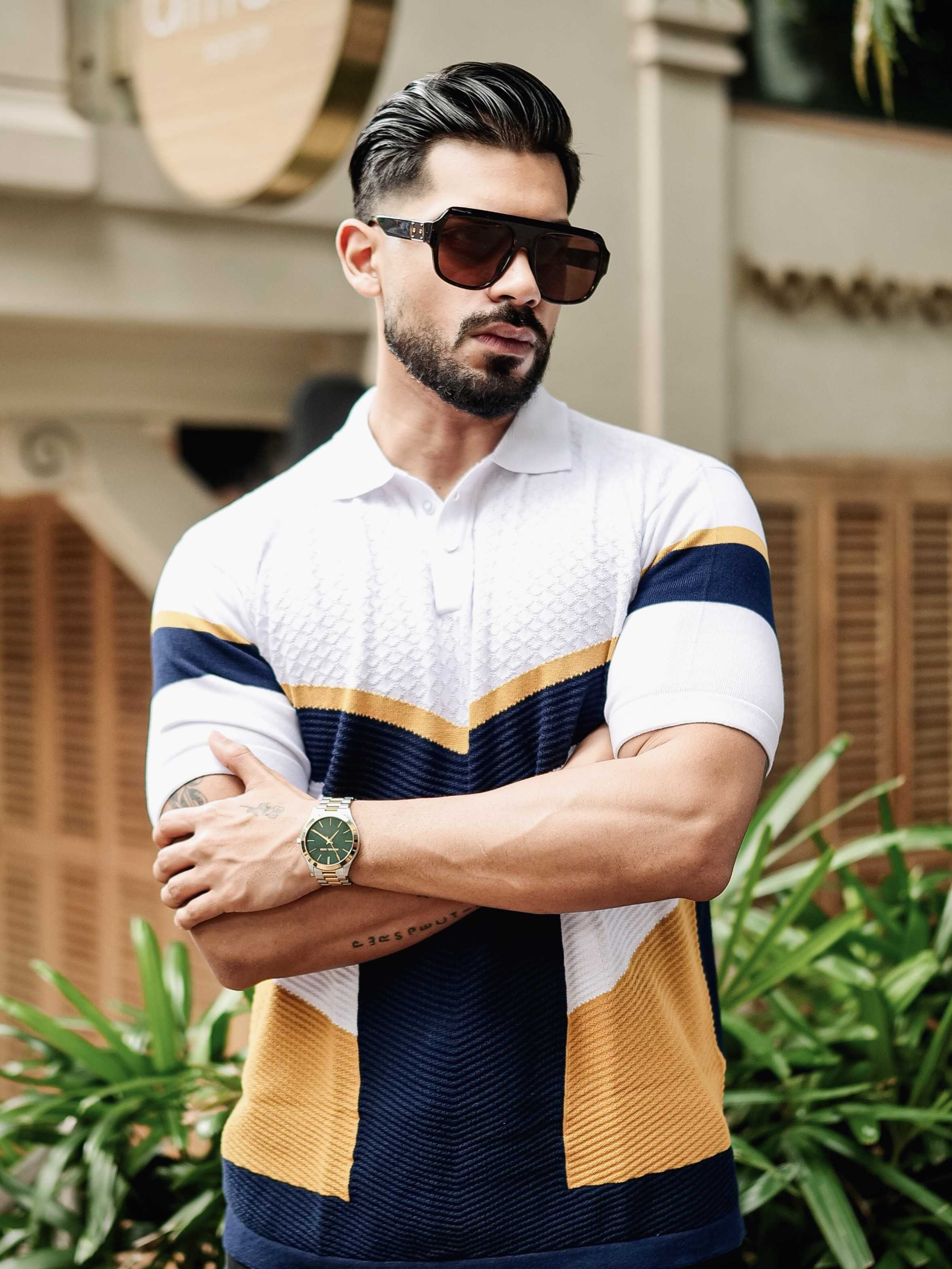 FOOMER WHITE AND NAVY HALF SLEEVE KNITTED TSHIRT FOR MEN'S