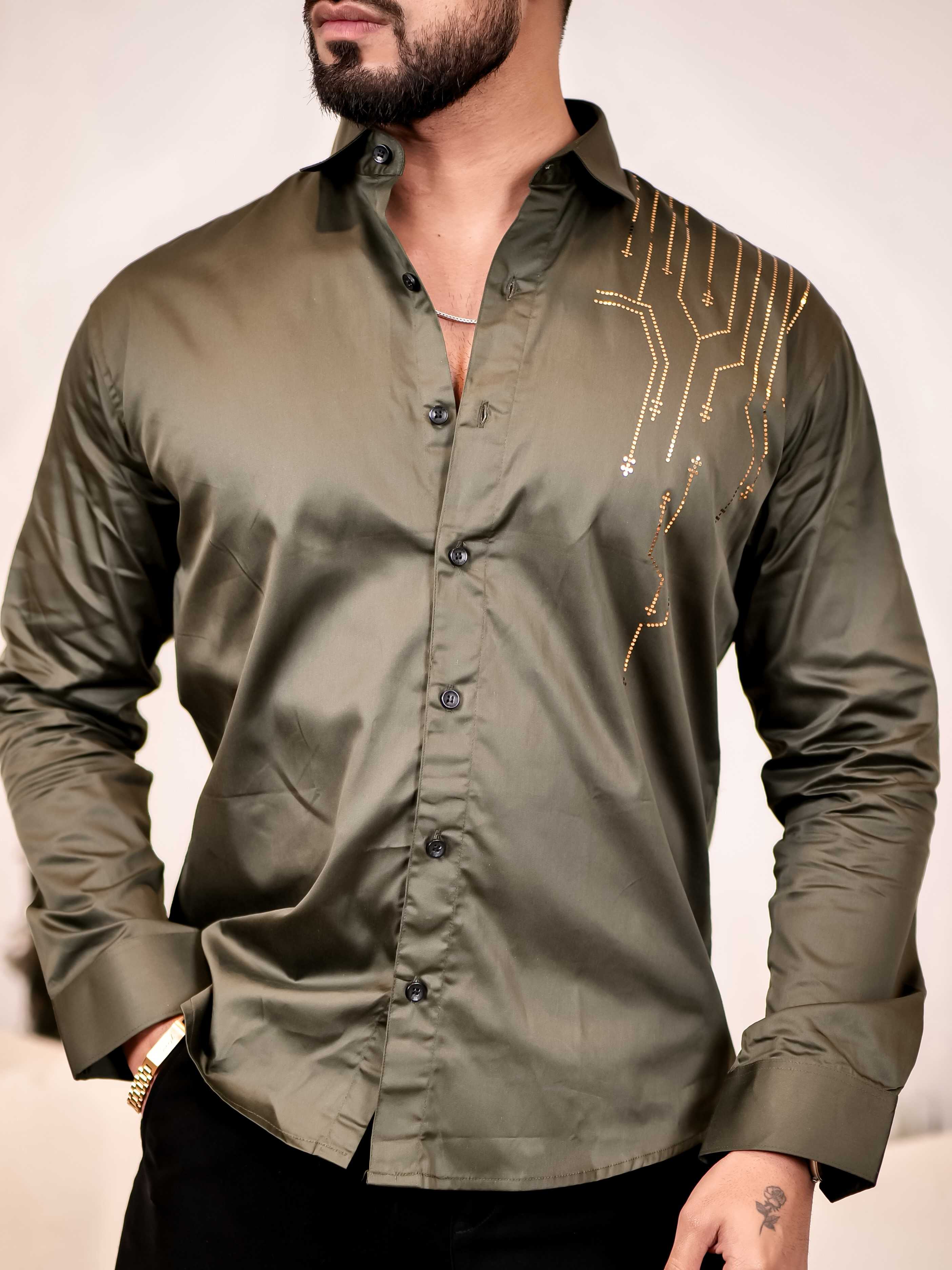 Olive Green Sequence Club Wear Satin Cotton Party Shirt