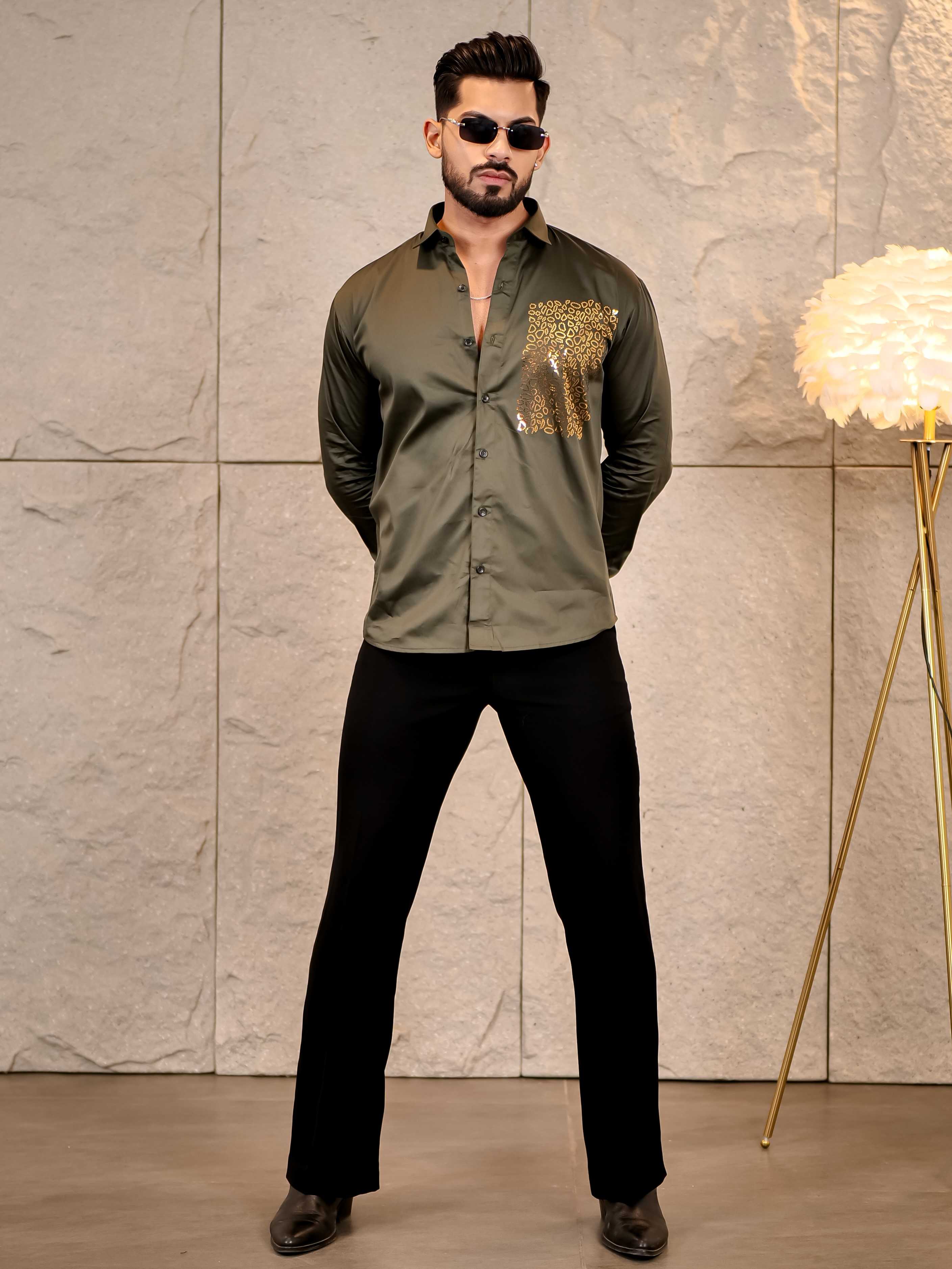 Cool Olive Green Sequence Club Wear Satin Cotton Party Shirt