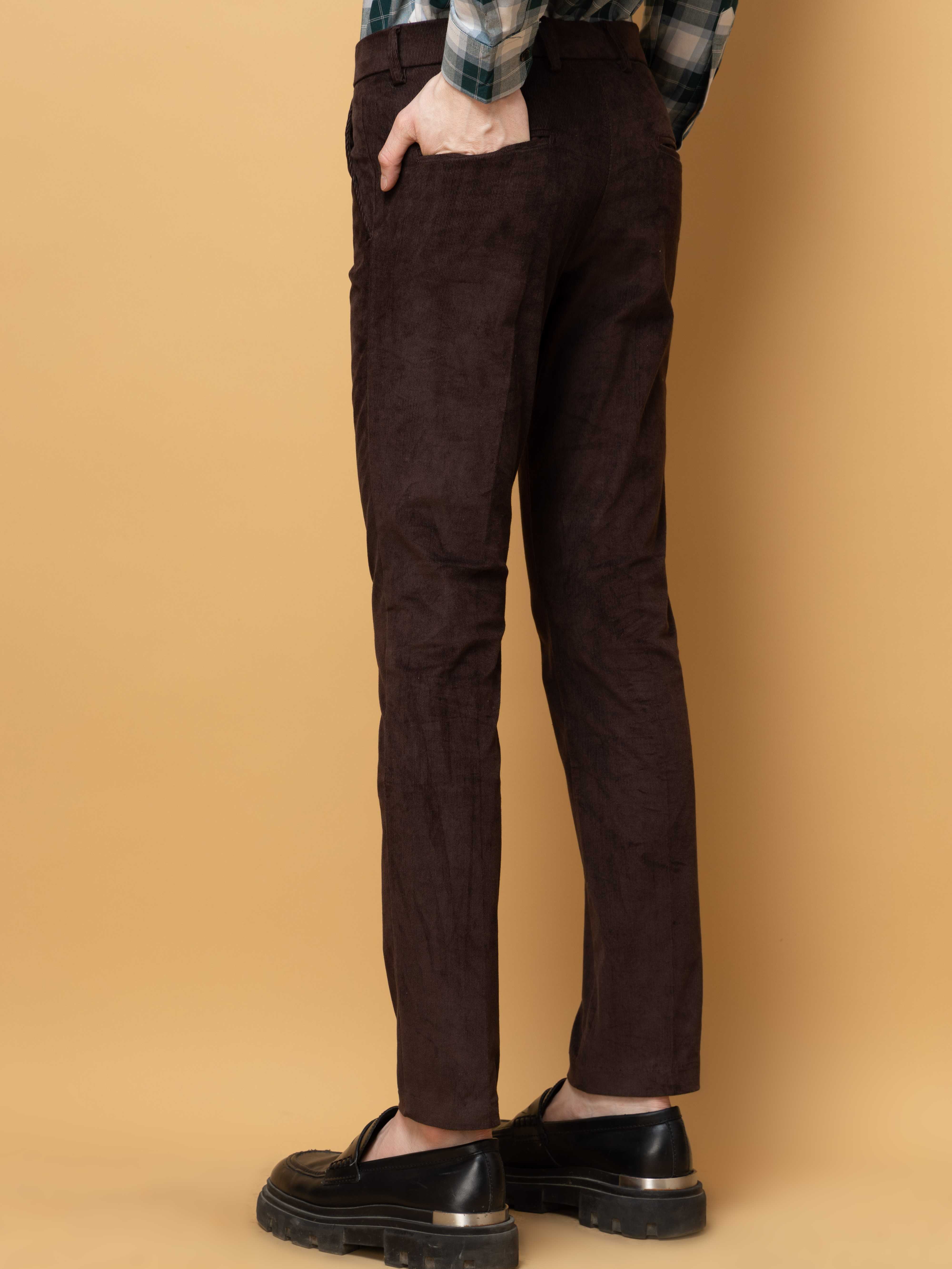 CHOCOLATE CORDUROY RELAXED FIT TROUSERS FOR MEN&#39;S