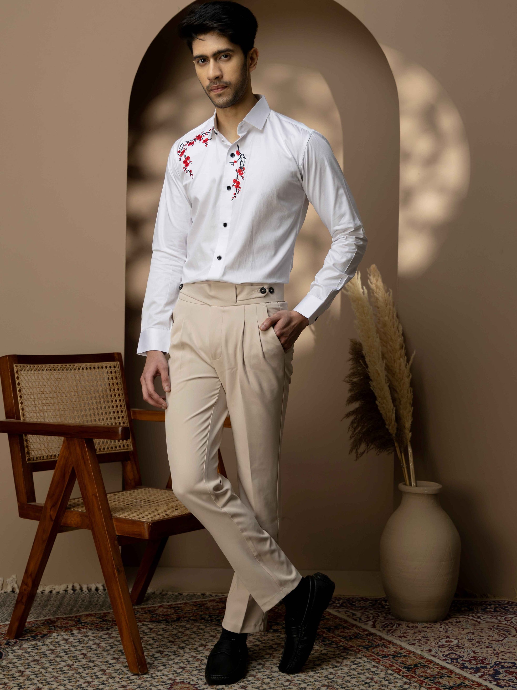 FOOMER WHITE EMBROIDERED DESIGNER WEAR SATIN COTTON SHIRT FOR MEN