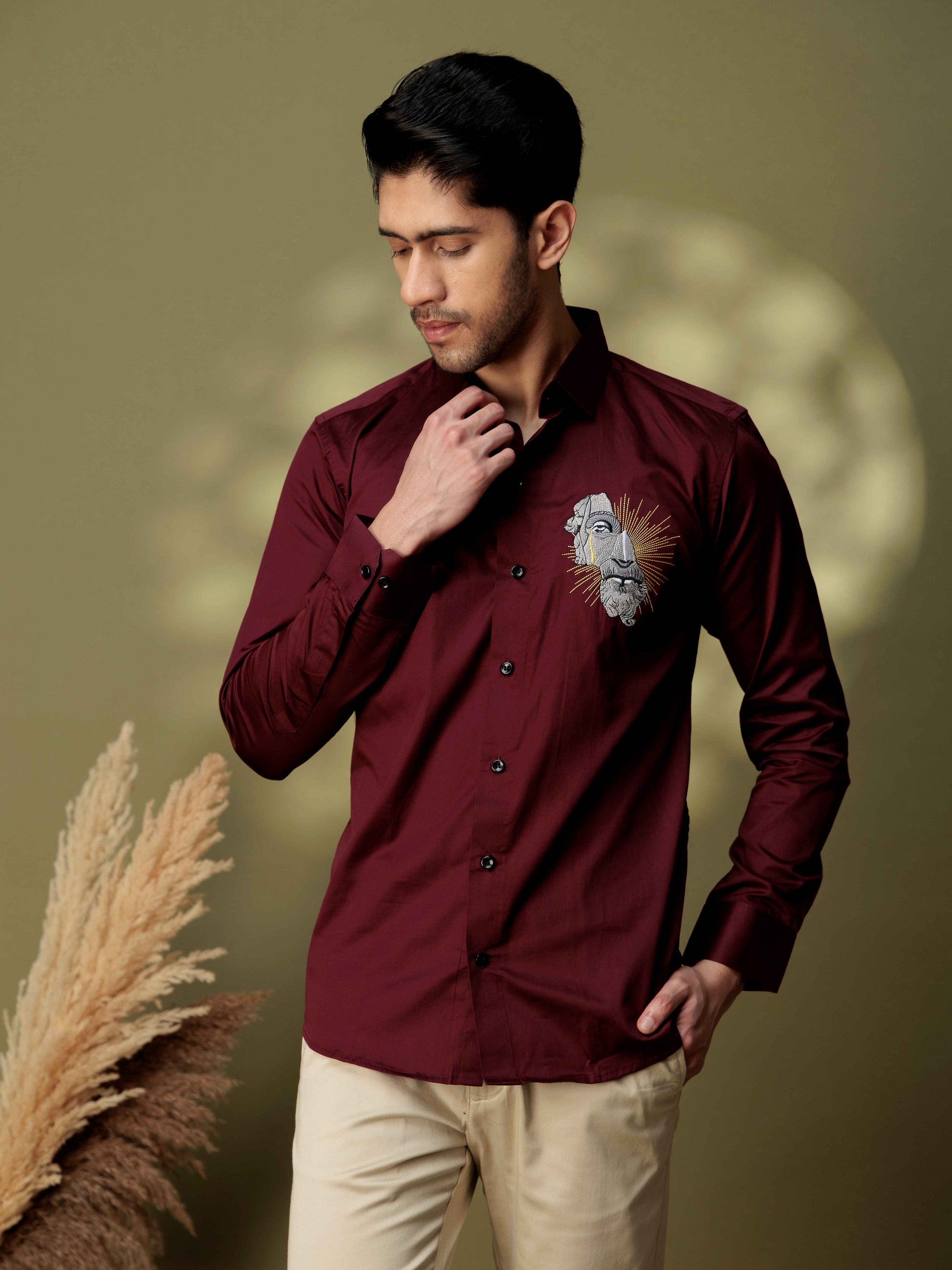 FOOMER GREEK STATUE EMBROIDERY DESIGNER  MAROON SATIN SHIRT FOR MEN