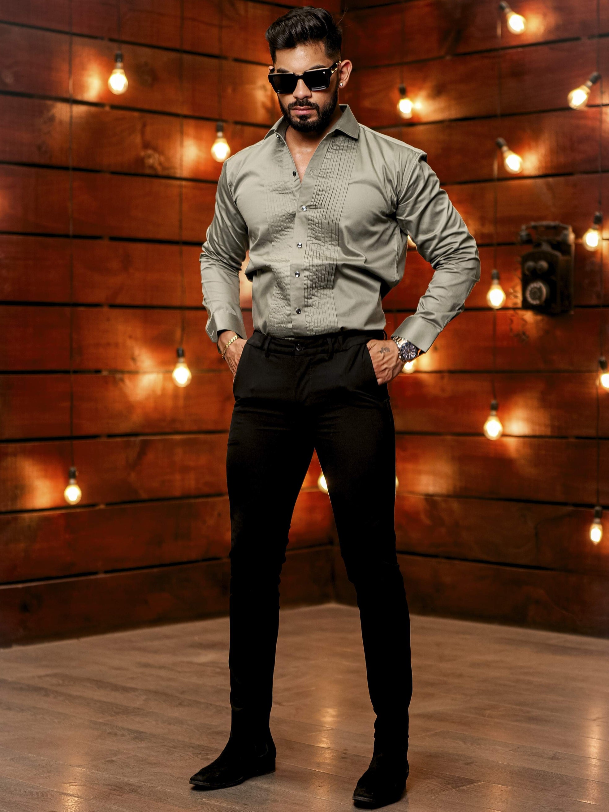 Green Subtle Sheen Tuxedo Premium Giza Satin Cotton Shirt