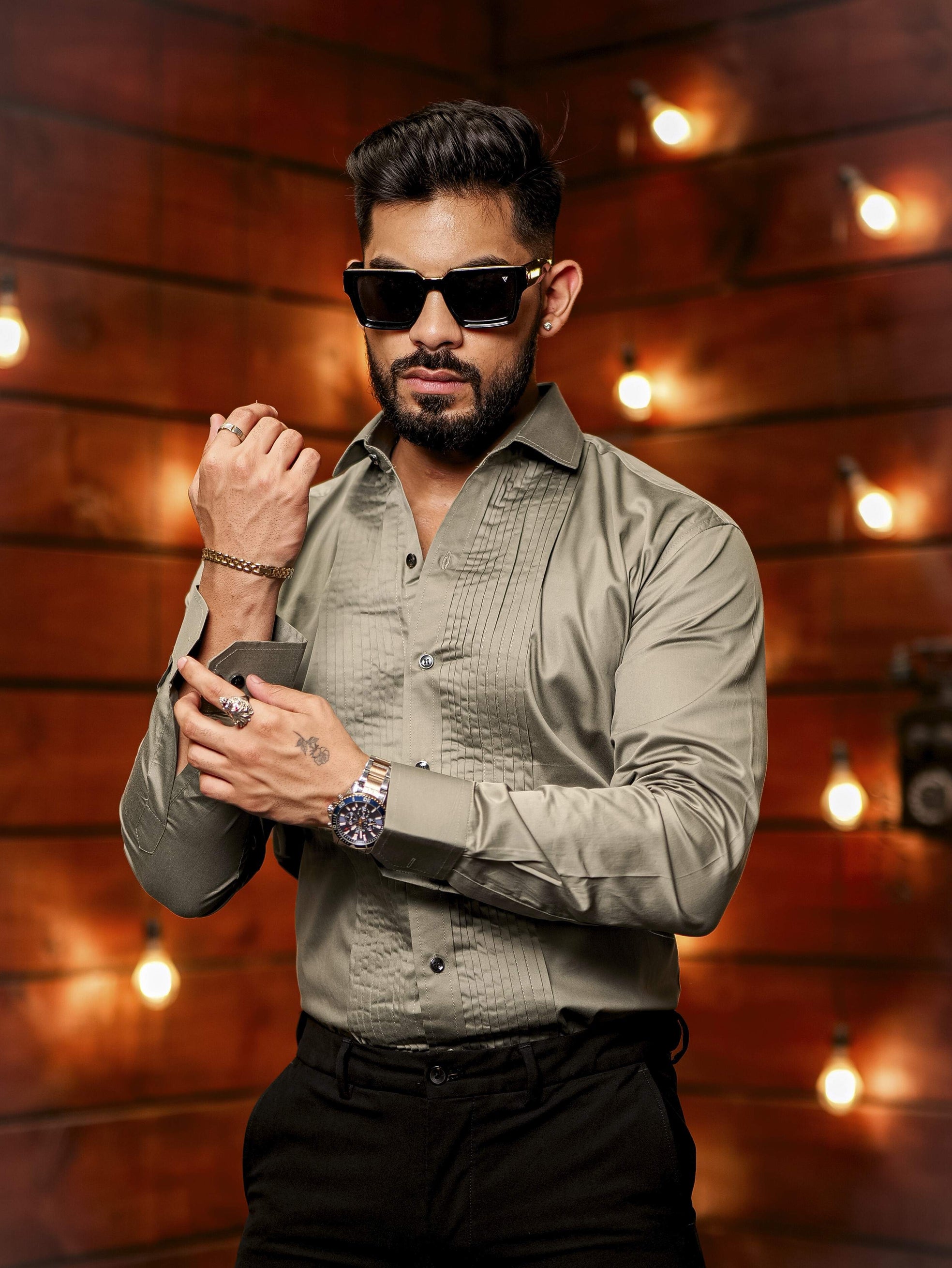 Green Subtle Sheen Tuxedo Premium Giza Satin Cotton Shirt