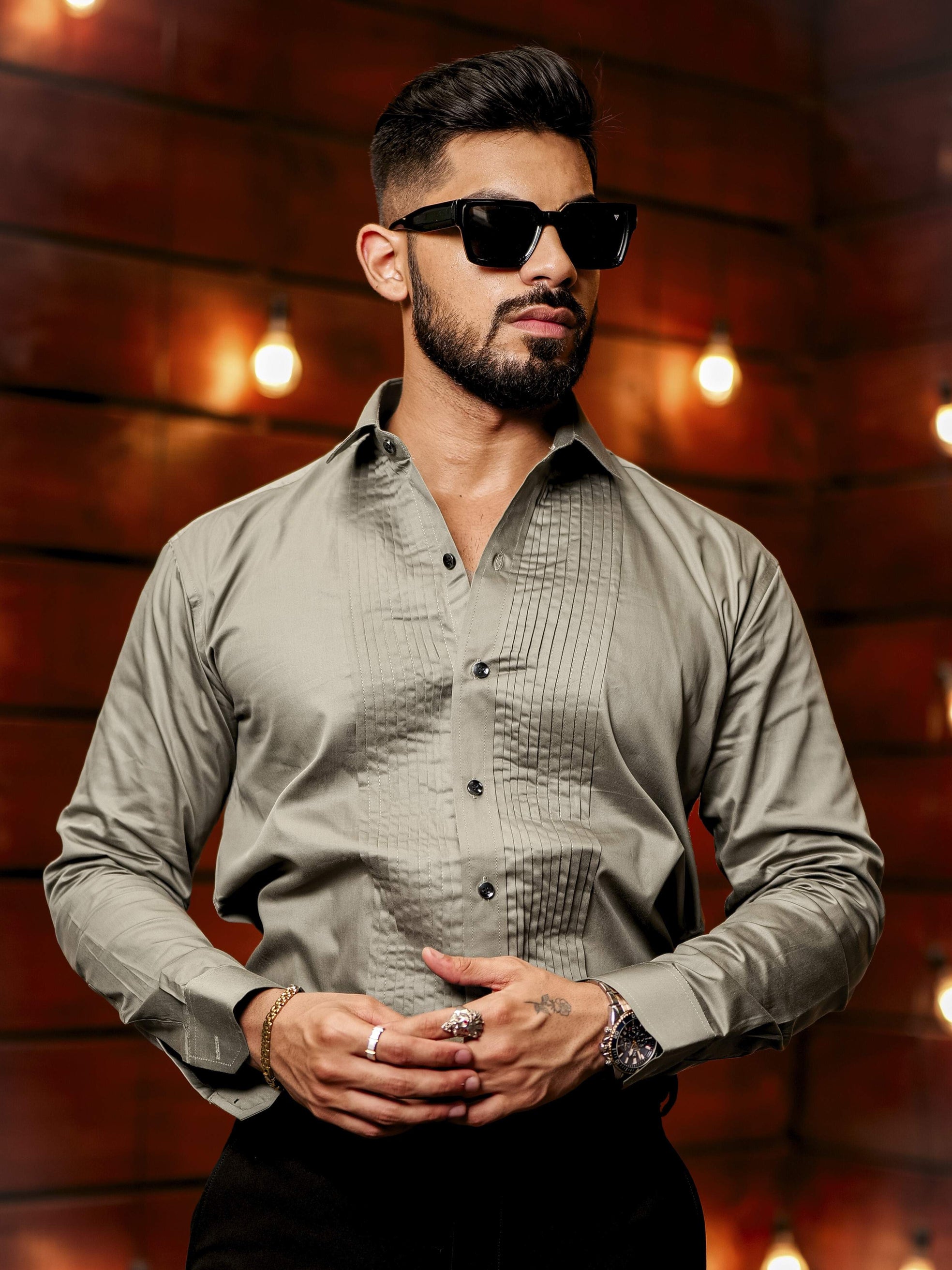 Green Subtle Sheen Tuxedo Premium Giza Satin Cotton Shirt