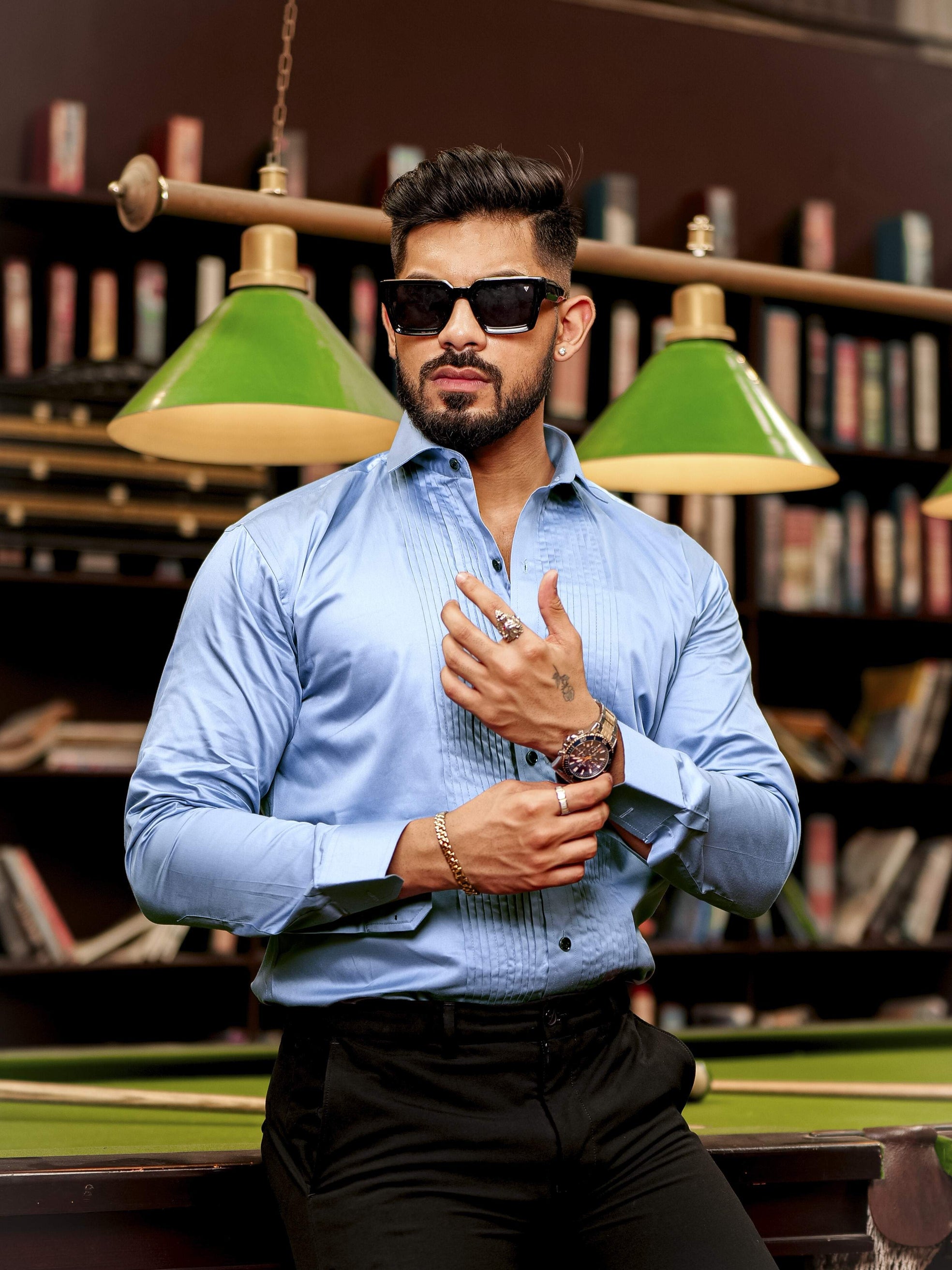 Sky Subtle Sheen Tuxedo Premium Giza Satin Cotton Shirt