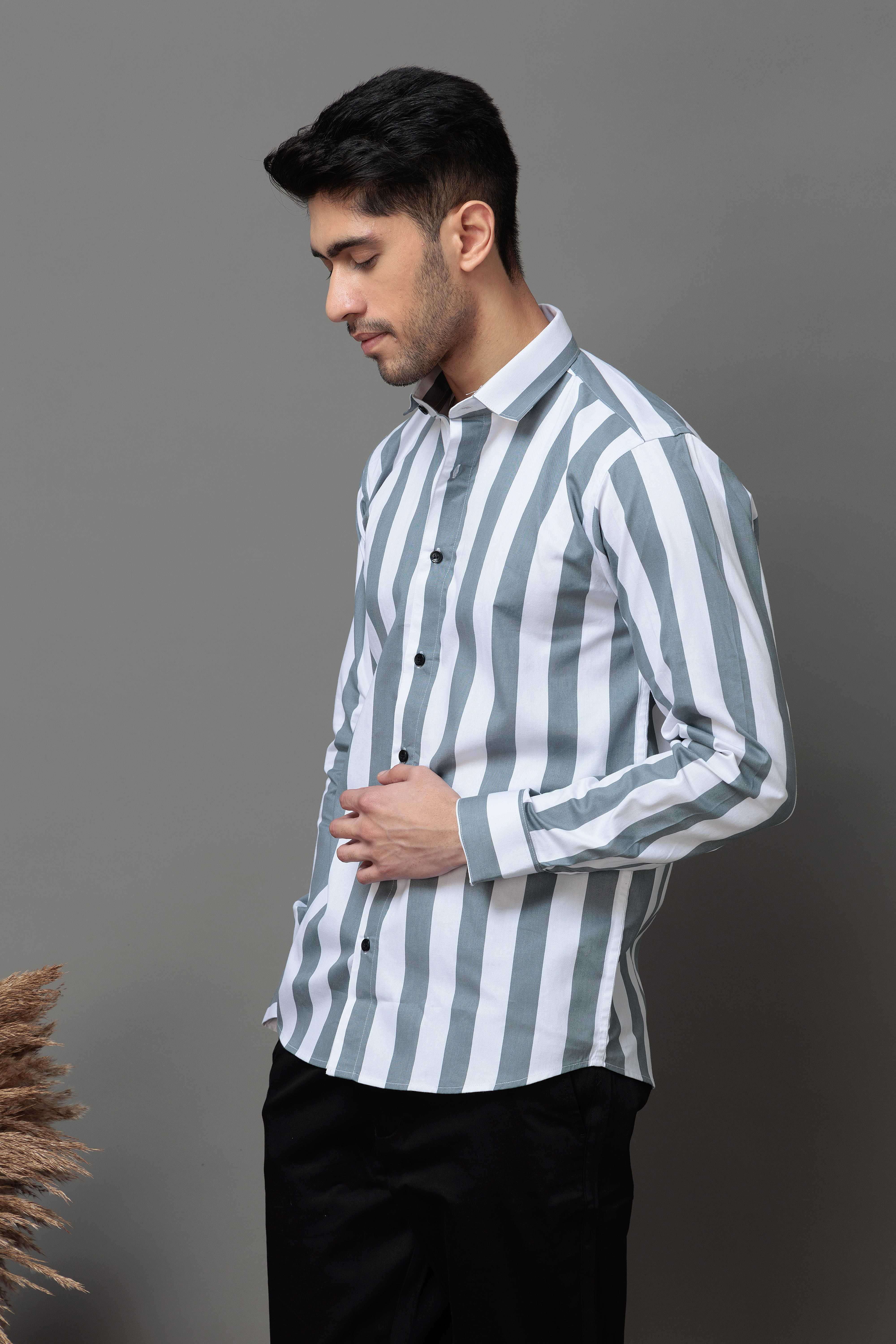 GREY STRIPED COTTON CASUAL SHIRT FOR MEN&#39;S