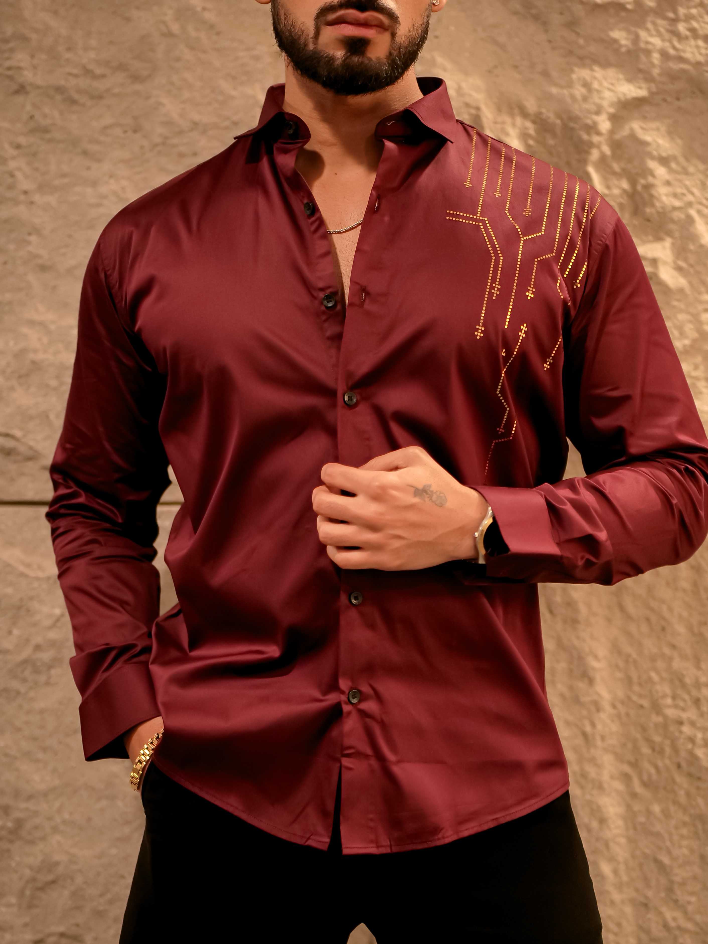 Wine Sequence Club Wear Satin Cotton Party Shirt