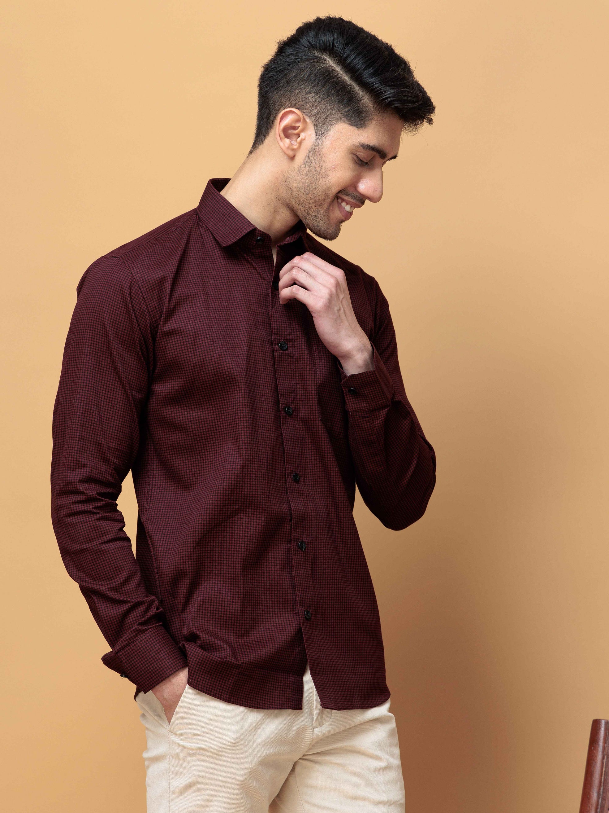 FOOMER WINE MINI CHECKED COTTON CASUAL SHIRT FOR MEN'S