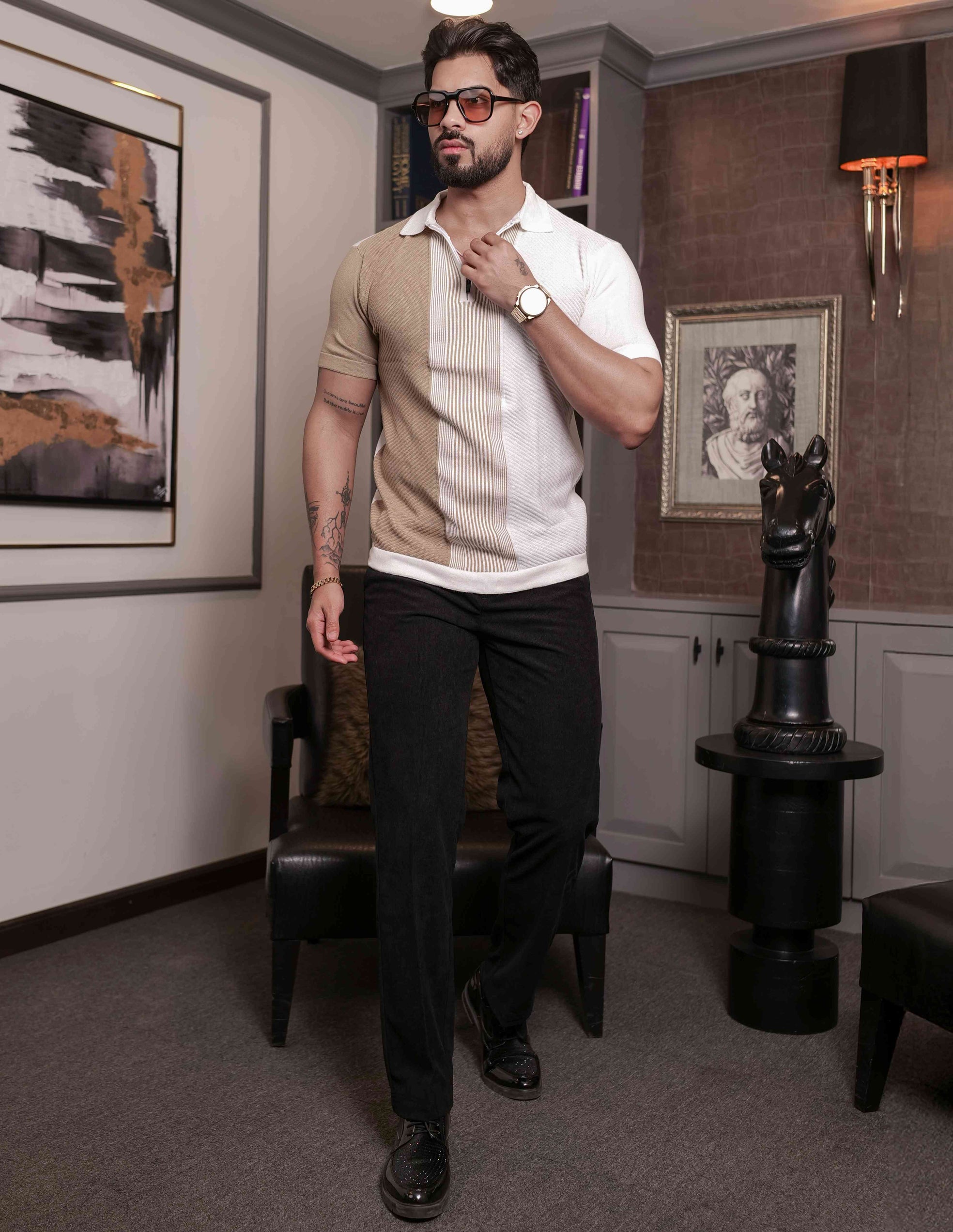 FOOMER CREAM AND WHITE HALF SLEEVE KNITED TSHIRT FOR MEN'S