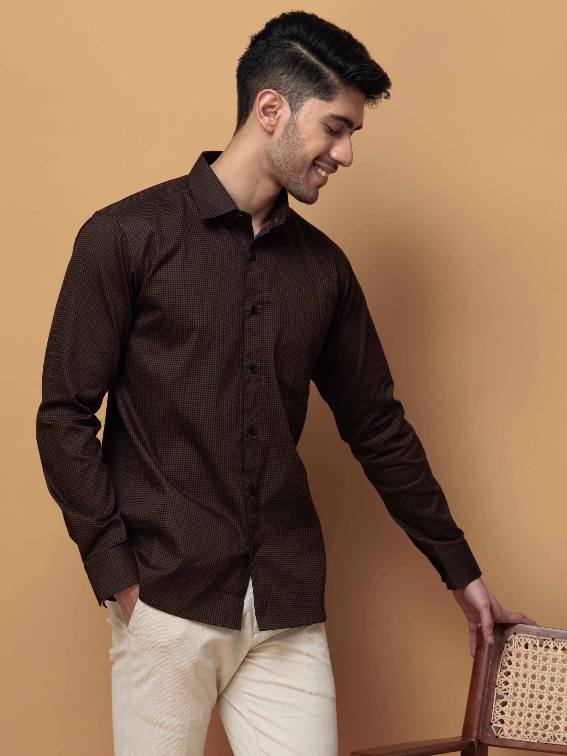 FOOMER BROWN MINI CHECKED COTTON CASUAL SHIRT FOR MEN'S