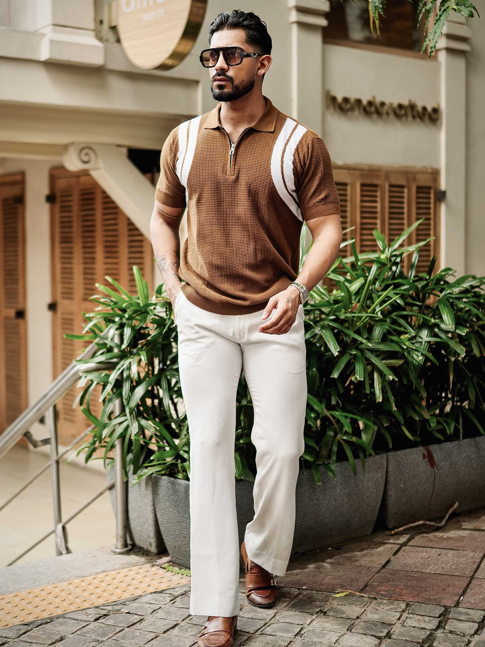 FOOMER BROWN HALF SLEEVE KNITTED TSHIRT FOR MEN'S