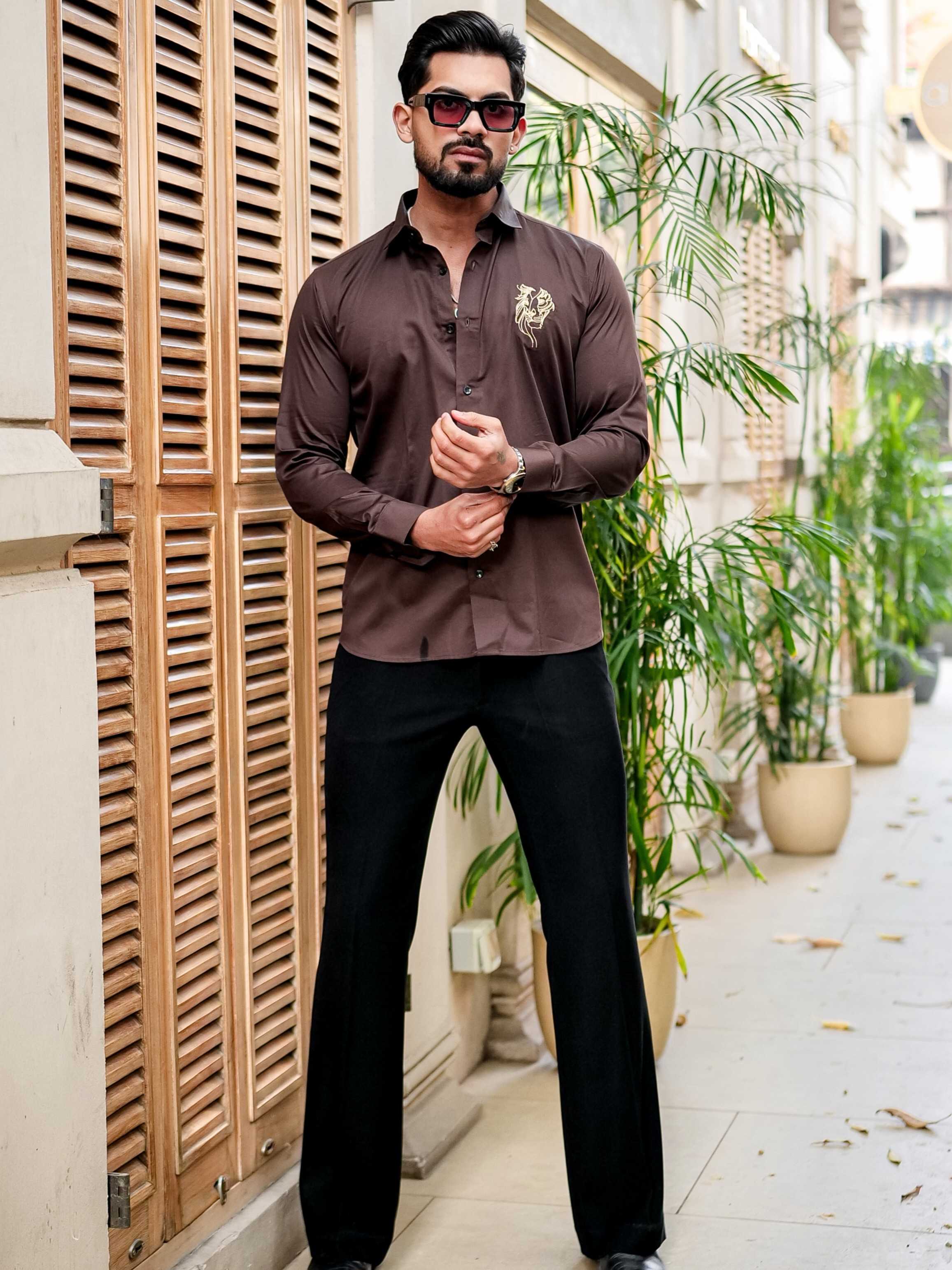 Brown Club Wear Embroidery Satin Cotton Shirt