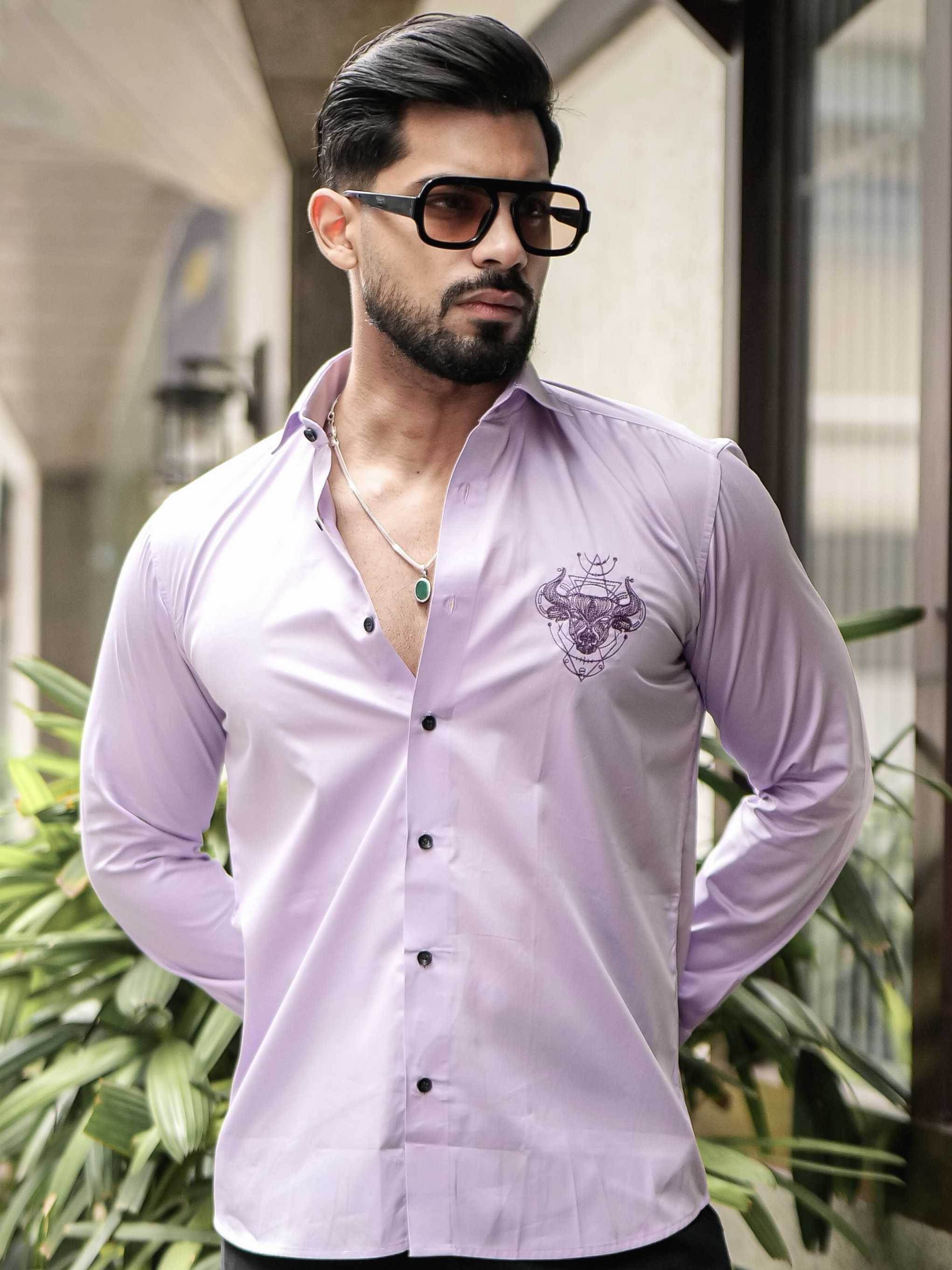 LIGHT PURPLE EMBROIDERED DESIGNER SATIN COTTON SHIRT FOR MEN'S