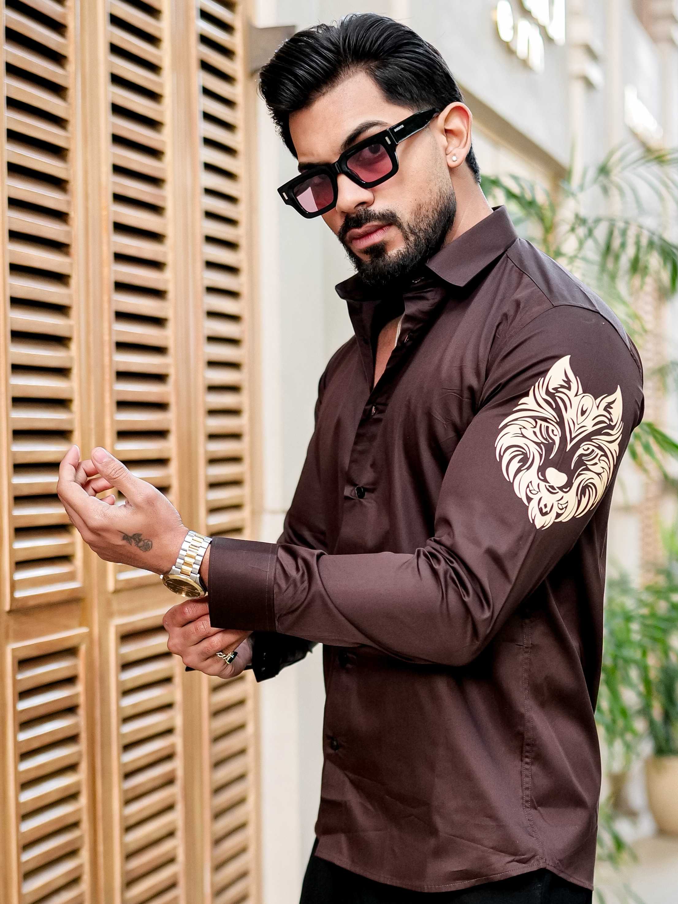 Brown Club Wear Printed Satin Cotton Shirt For Men