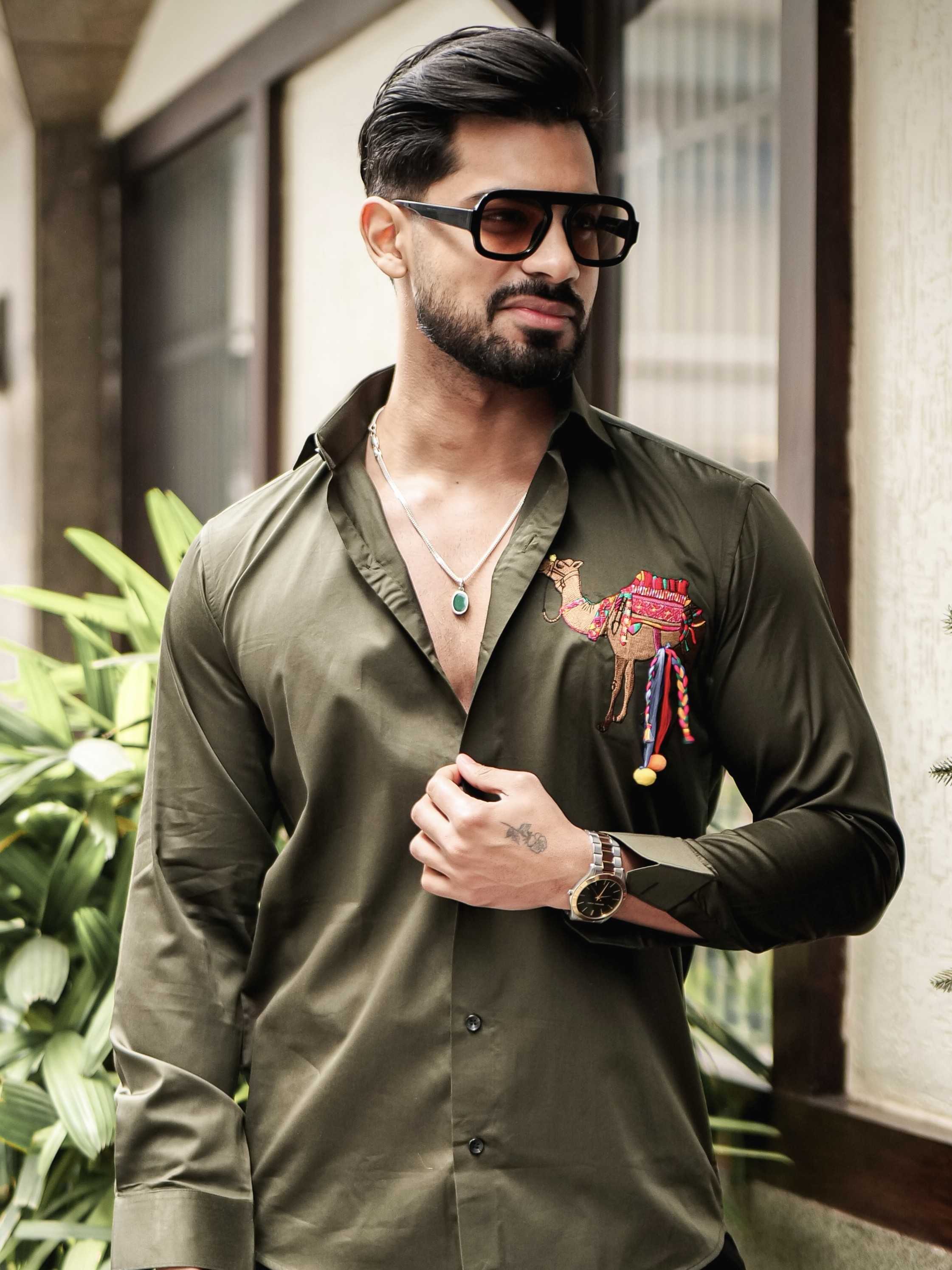 OLIVE CAMEL EMBROIDERED DESIGNER SATIN COTTON SHIRT FOR MEN'S