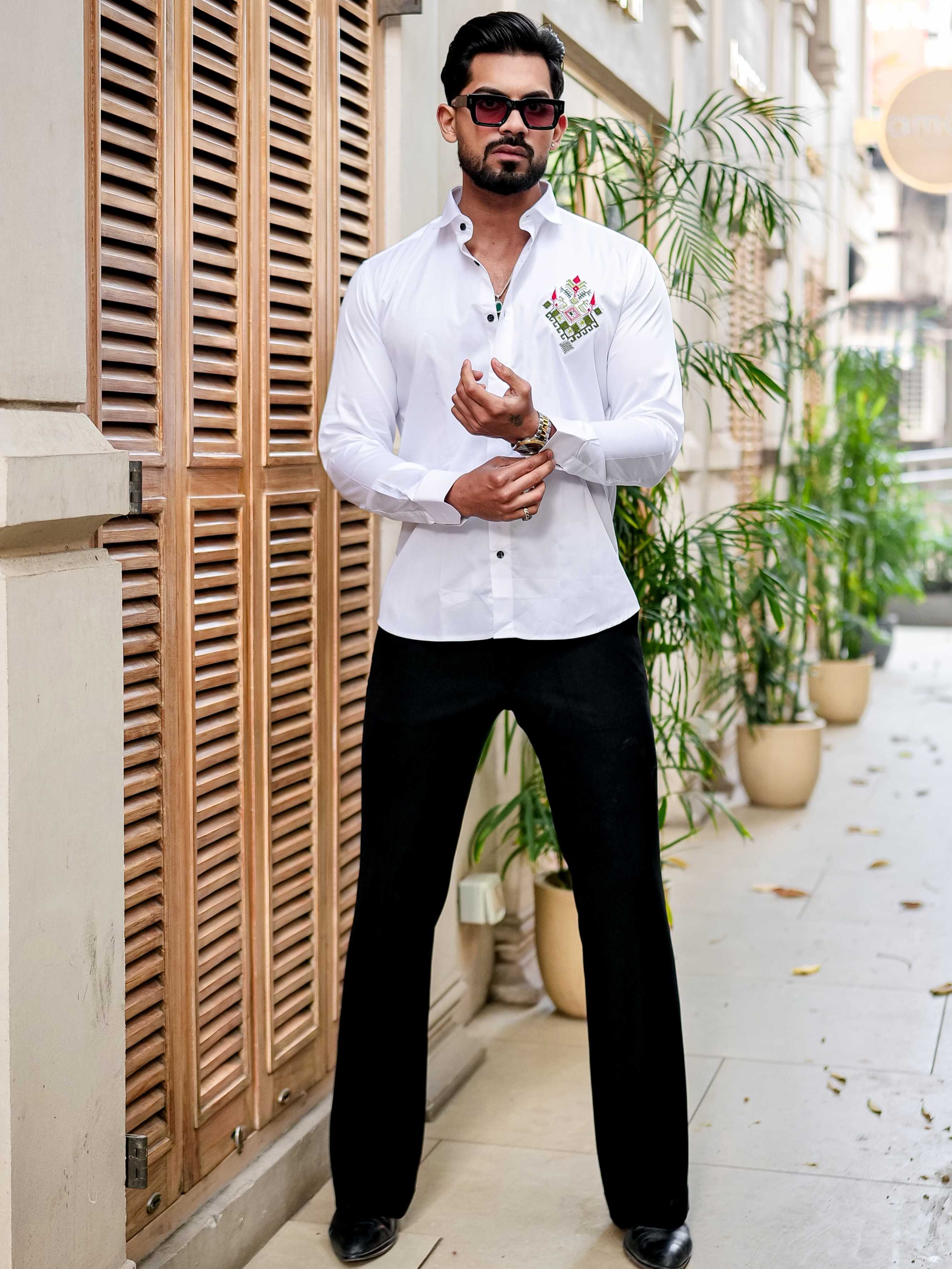 WHITE EMBROIDERED DESIGNER SATIN COTTON SHIRT FOR MEN'S