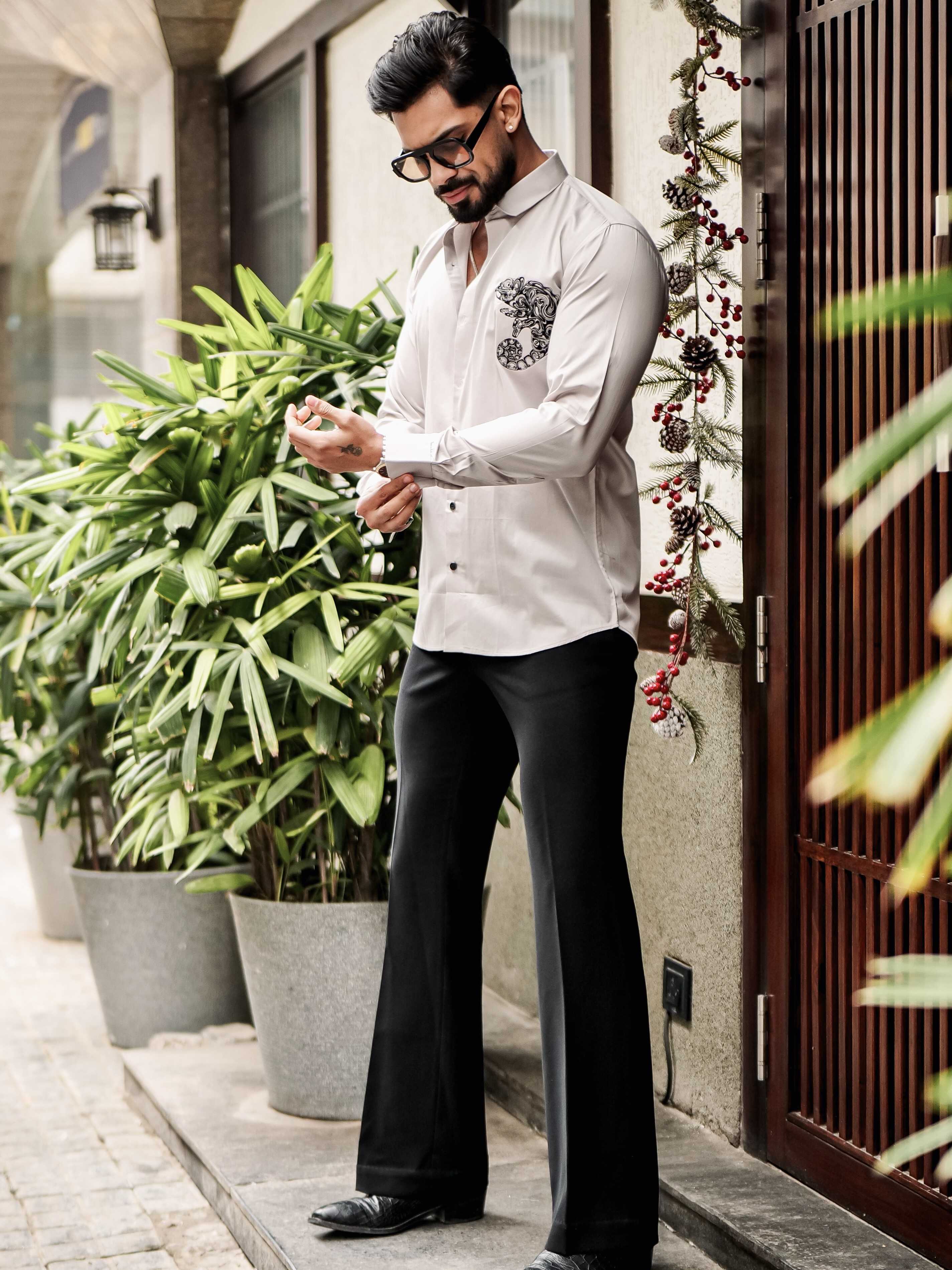 FOOMER GREY EMBROIDERED DESIGNER SHIRT FOR MEN'S