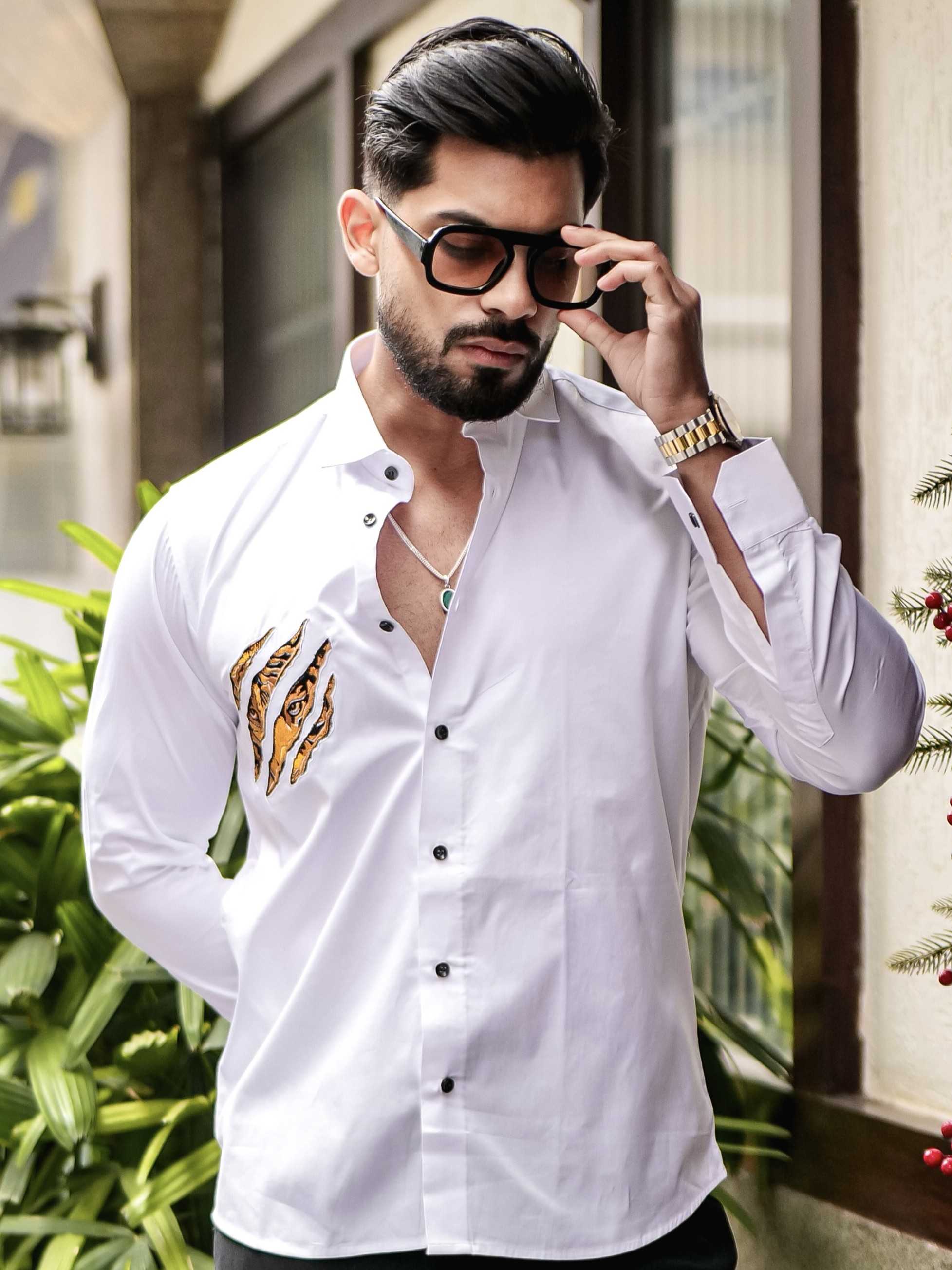 WHITE CLUB WEAR EMBROIDERY SATIN COTTON SHIRT