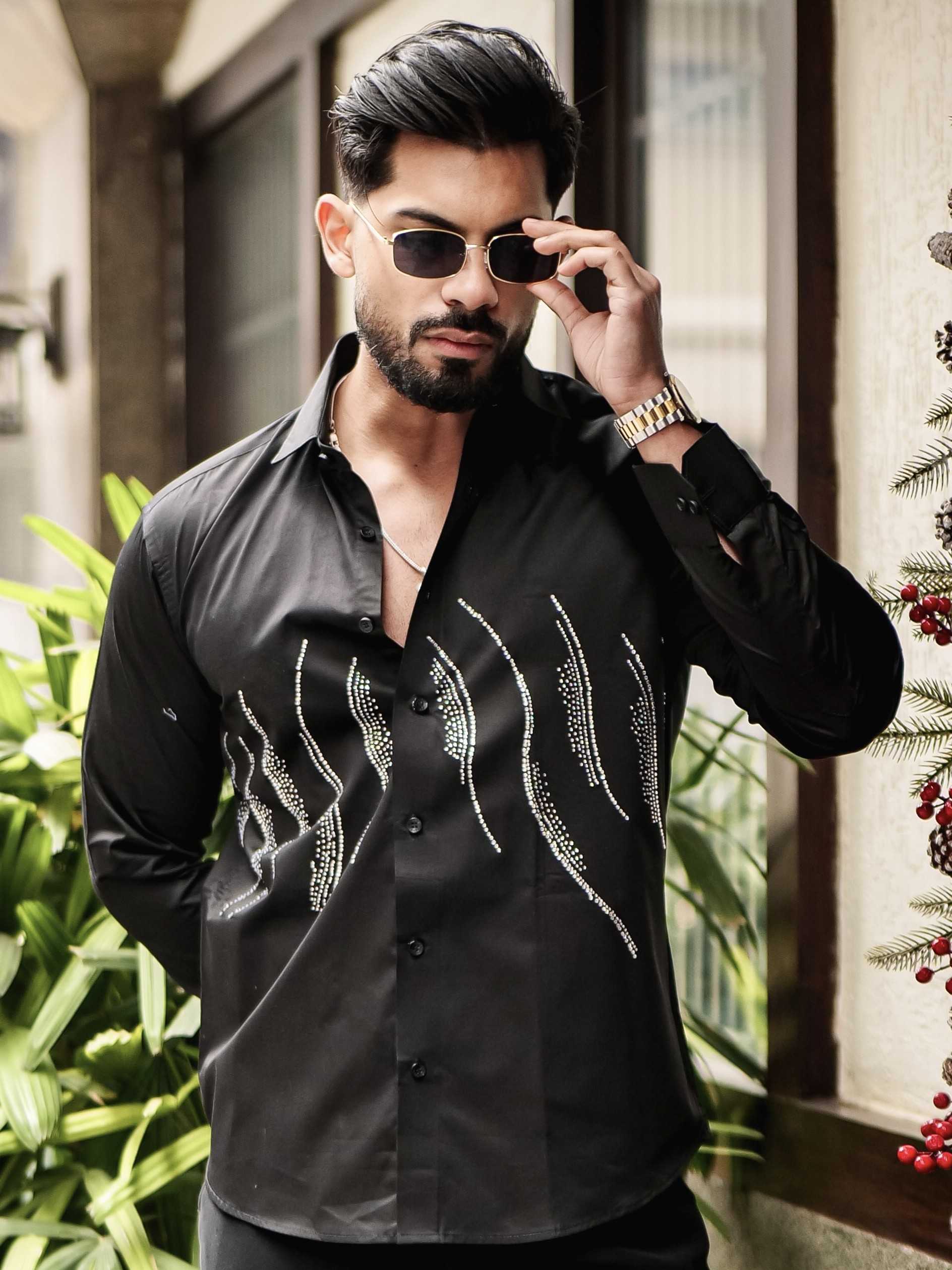 BLACK WAVE STARRY BEADED SATIN COTTON PREMIUM PARTY SHIRT