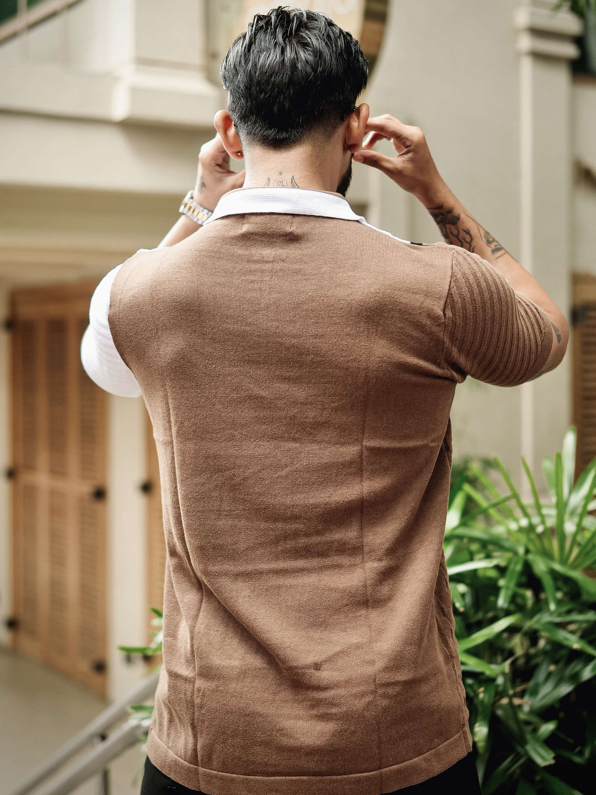 FOOMER BROWN HALF SLEEVE KNITTED TSHIRT FOR MEN'S