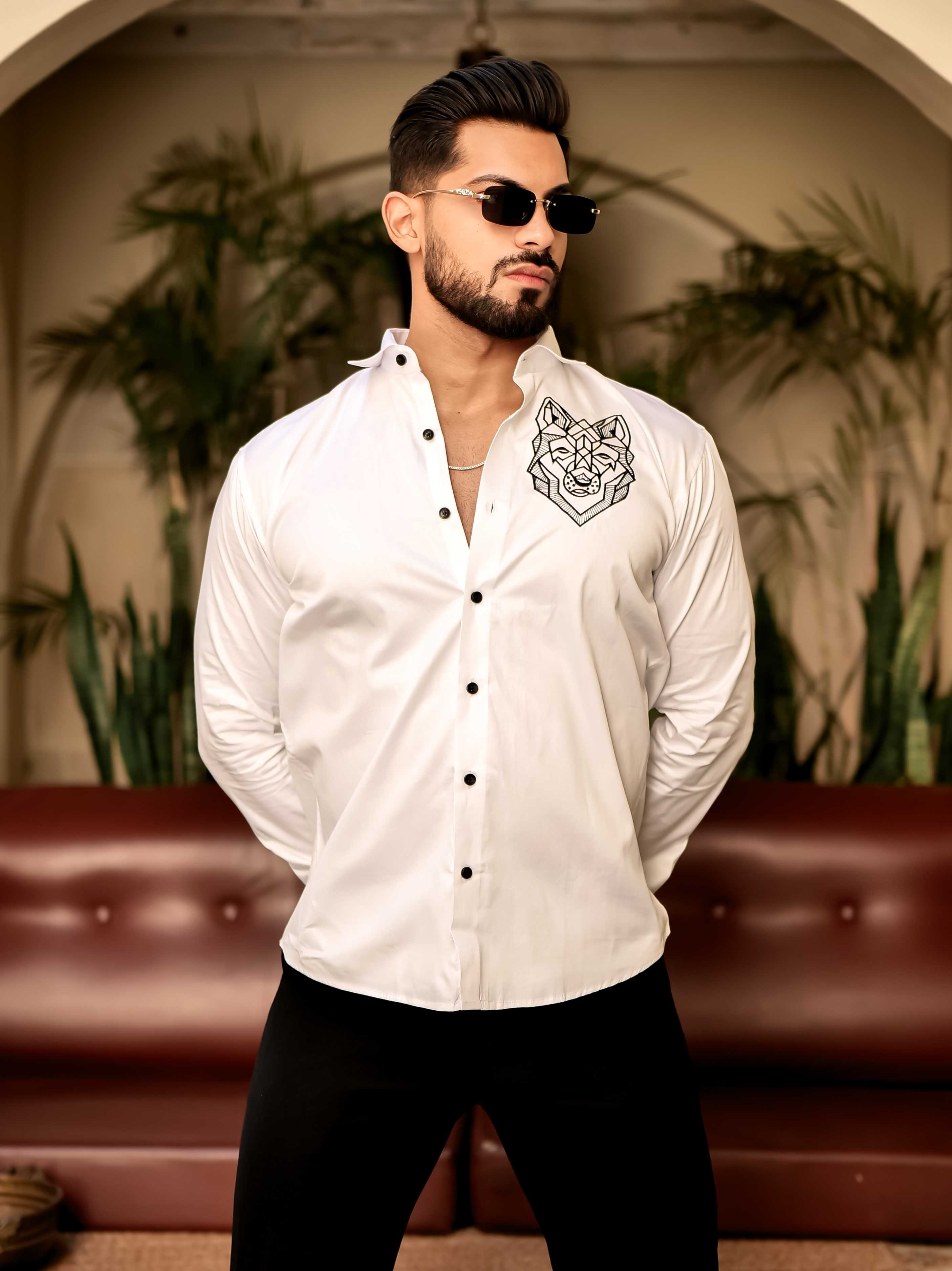 Line Art Wolf White Embroidered Club Wear Satin Cotton Shirt