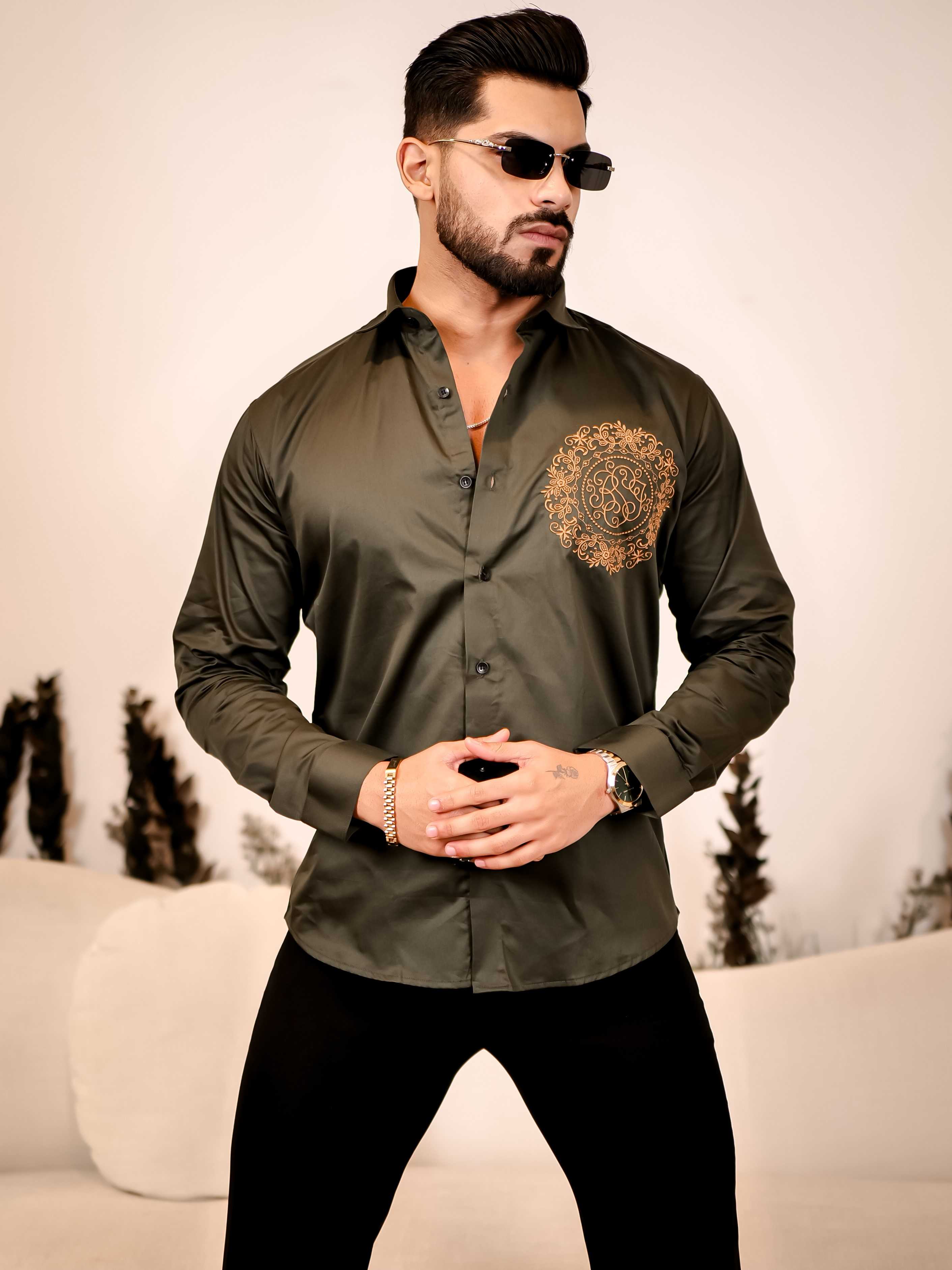 Ancient feel Olive Green Embroidered Club Wear Satin Cotton Shirt