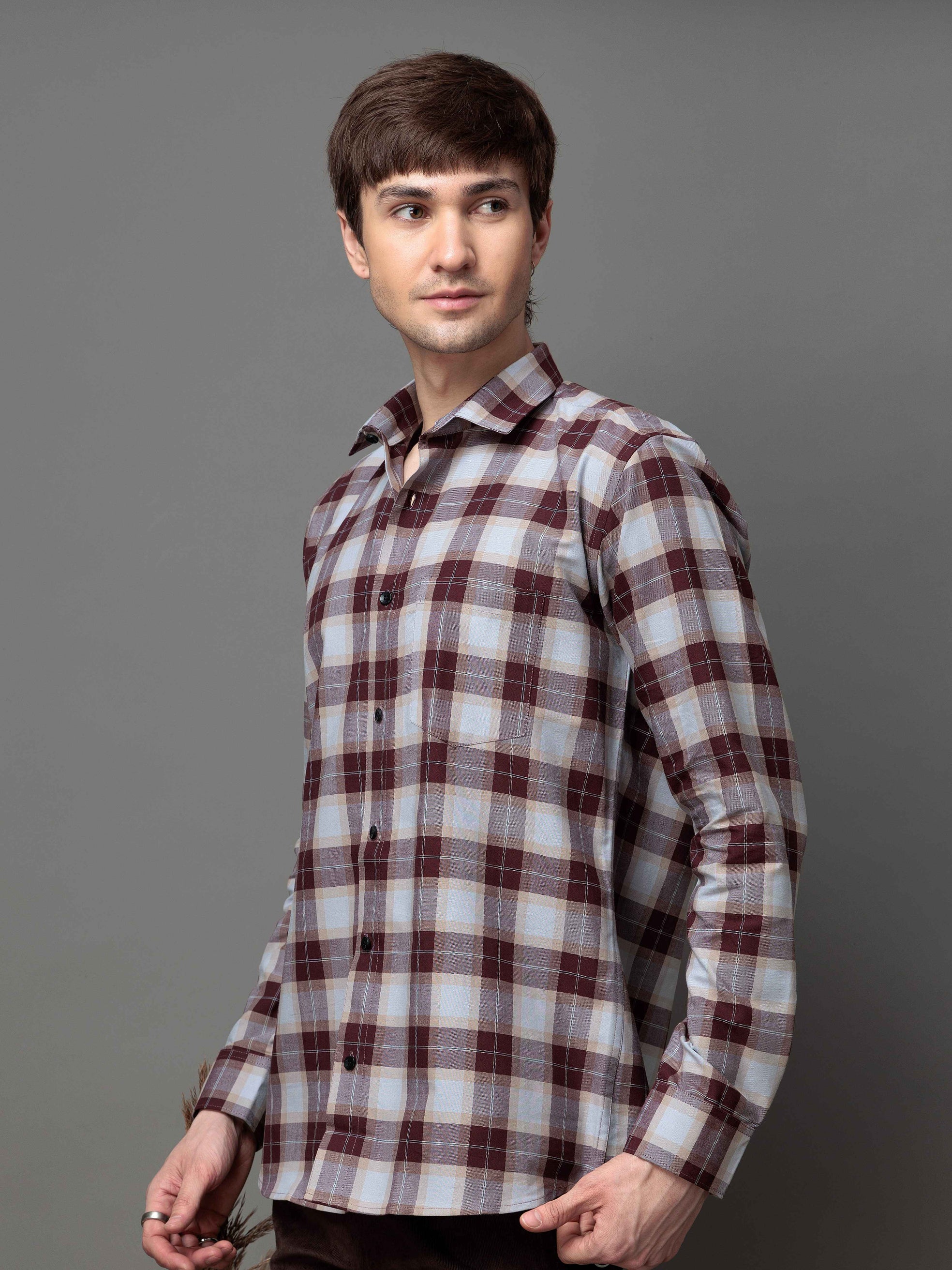 SQUARE WINE CHECKED COTTON CASUAL SHIRT FOR MEN'S