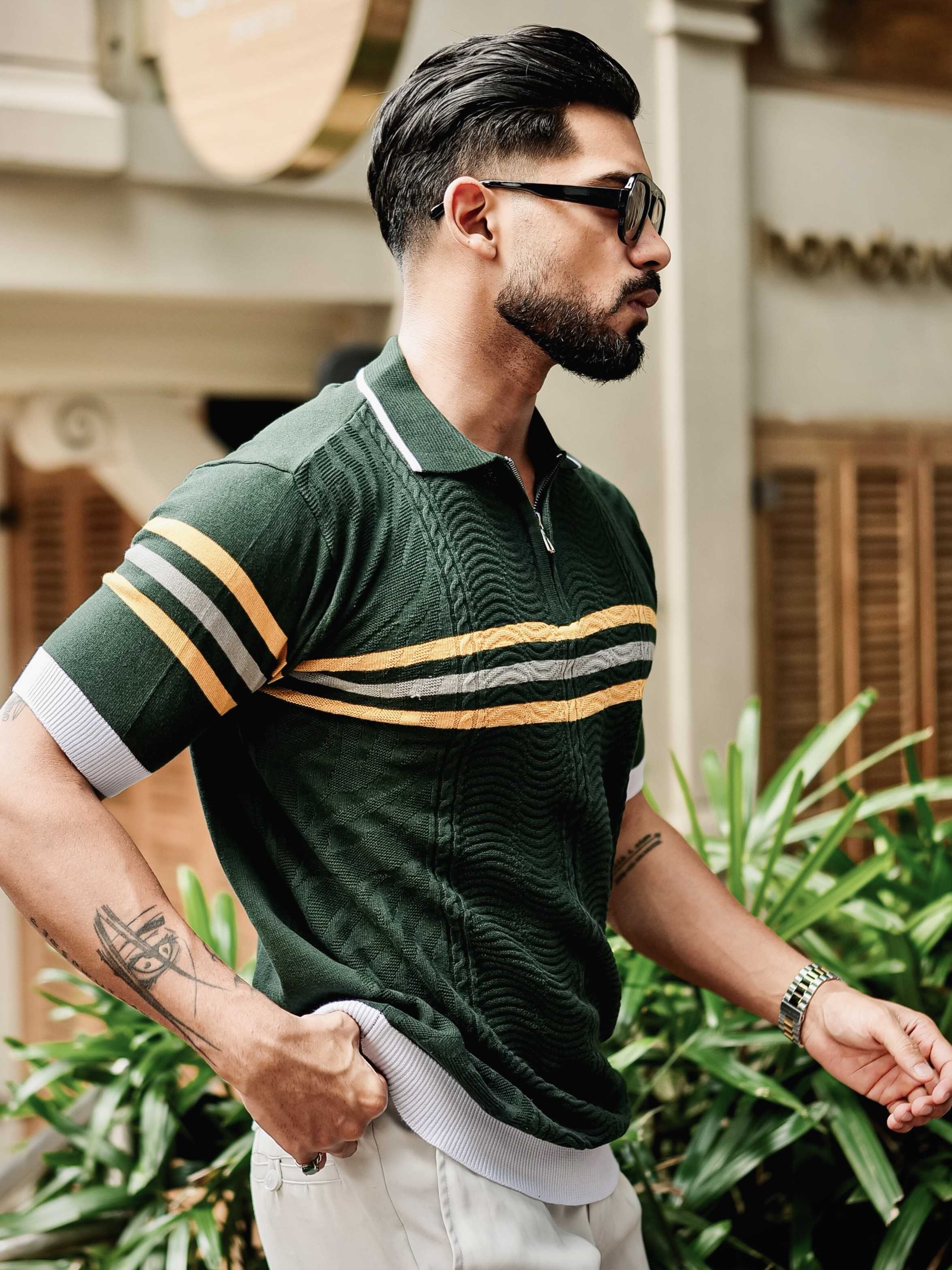 FOOMER GREEN HALF SLEEVE KNITTED TSHIRT FOR MEN'S