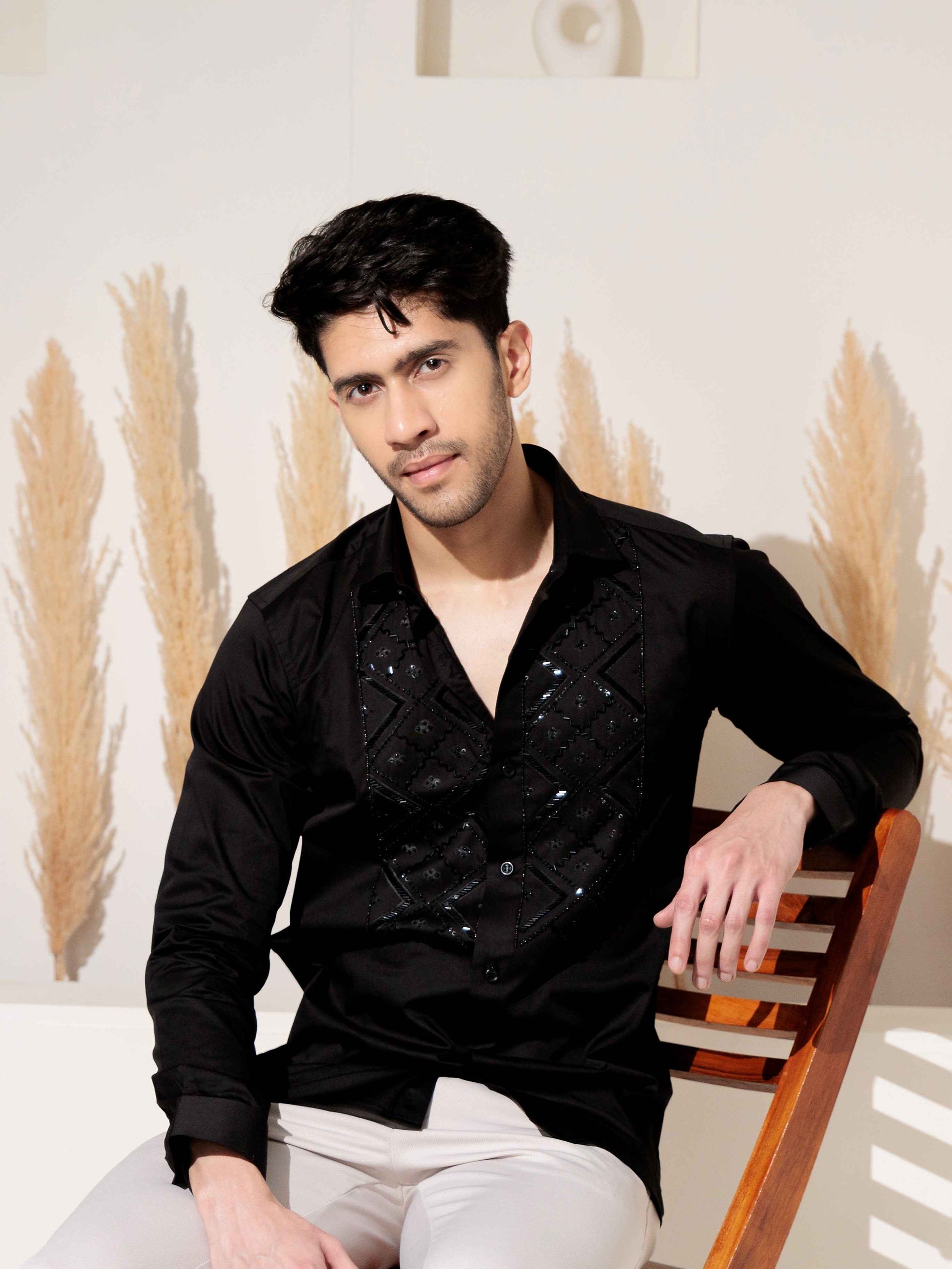 FOOMER BLACK RHINESTONE HAND WORK SATIN COTTON SHIRT FOR MEN