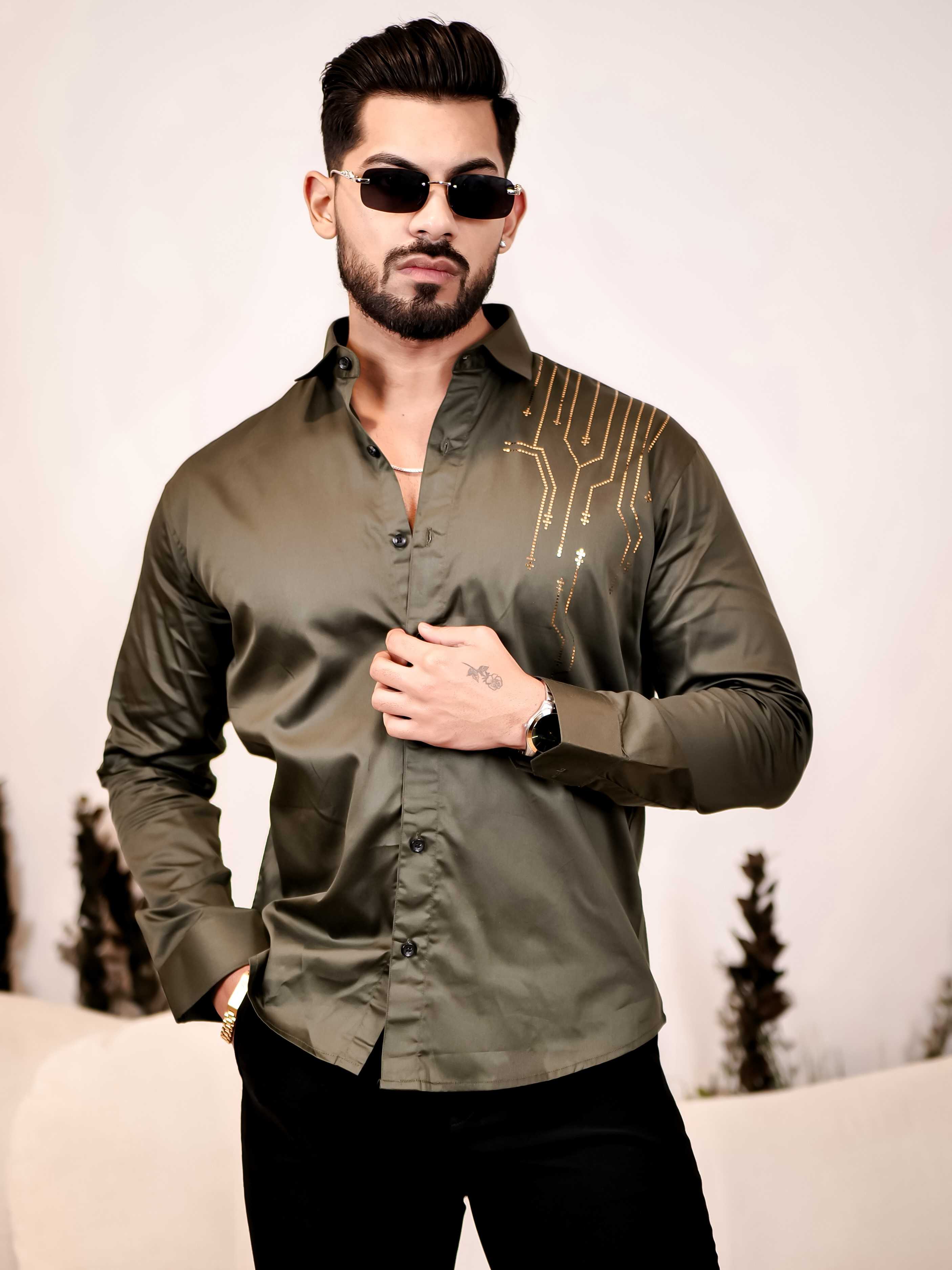 Olive Green Sequence Club Wear Satin Cotton Party Shirt