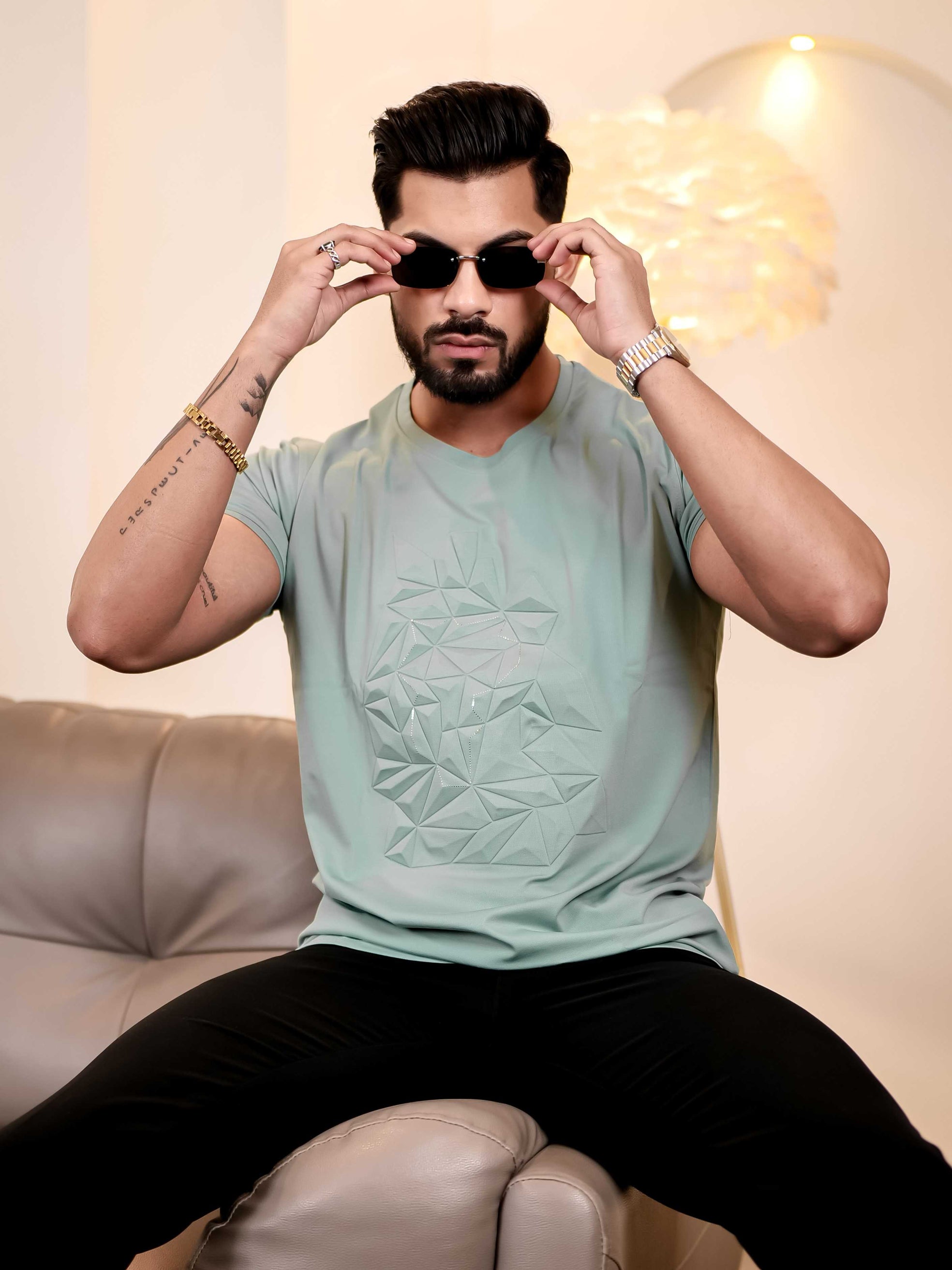 Light Green Round Neck Imported Cotton Half Sleeve Premium Designer T-Shirt