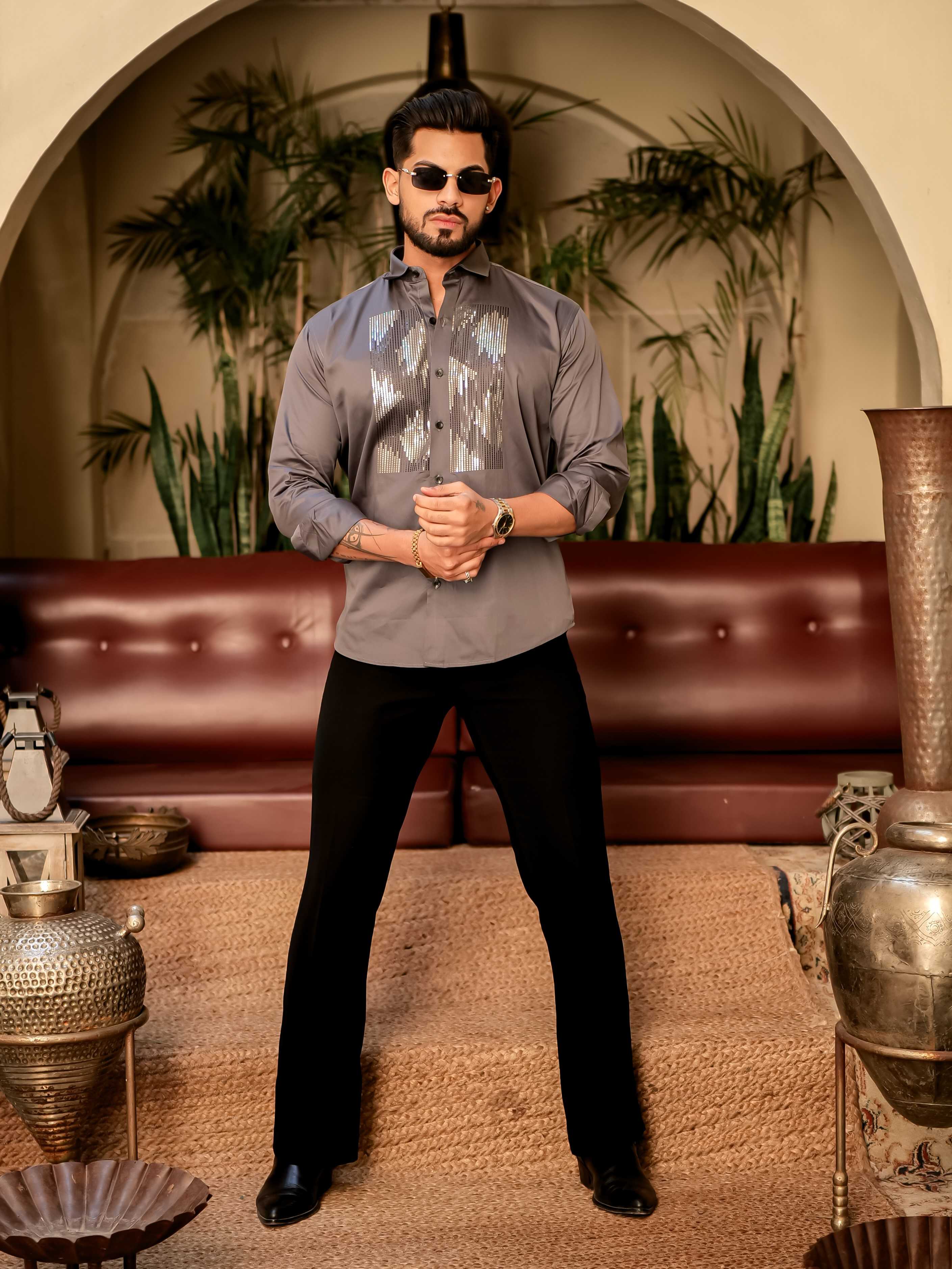 Dark Grey Sequence Club Wear Satin Cotton Party Shirt