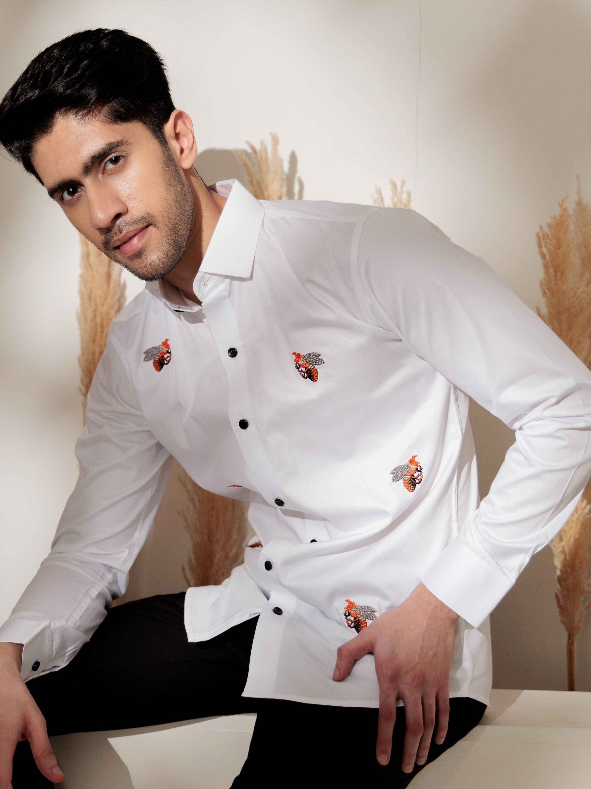 FOOMER WHITE EMBROIDERED DESIGNER WEAR SATIN COTTON SHIRT FOR MEN