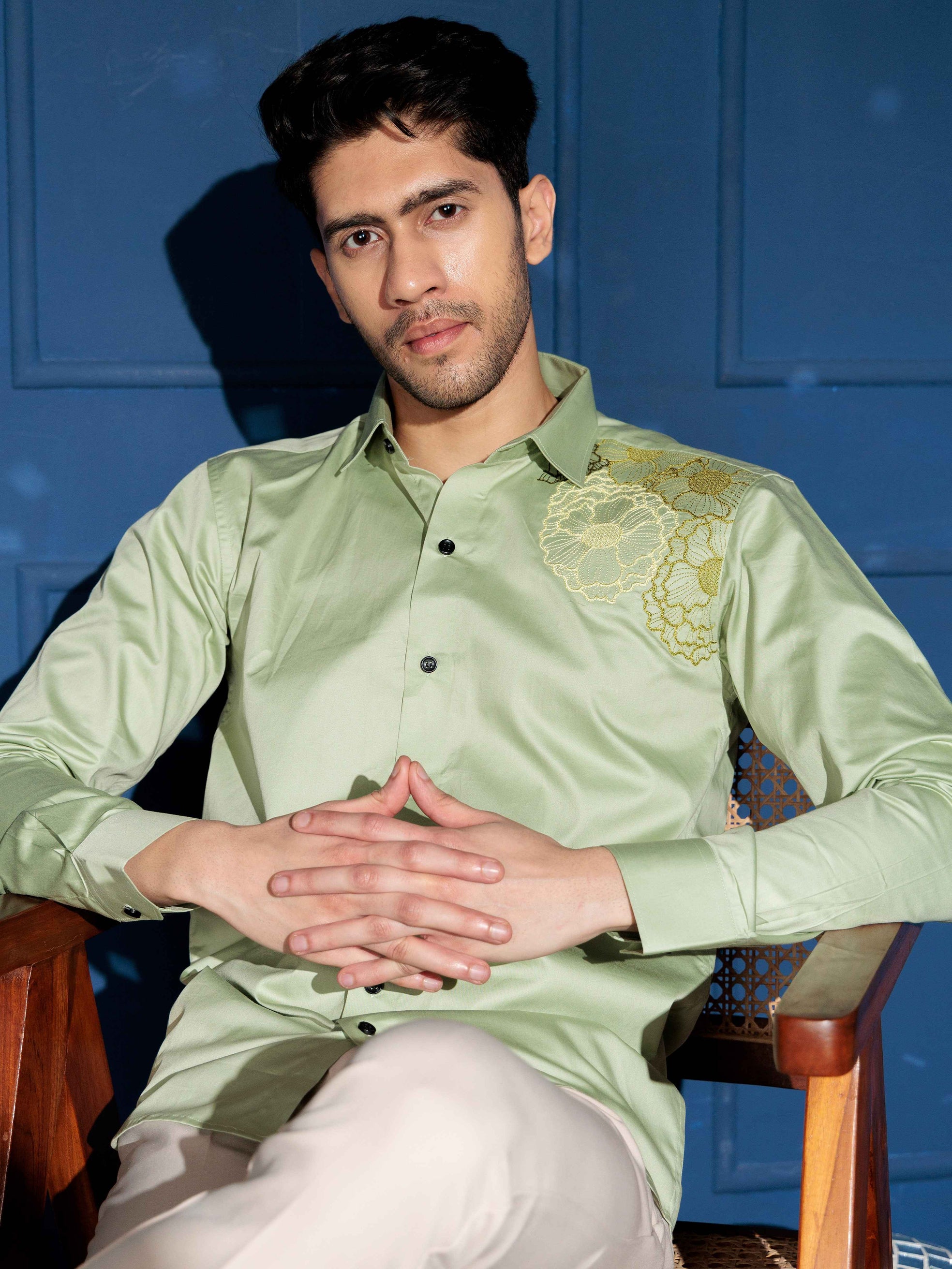 FOOMER FLOWER EMBROIDERED CLUB WEAR SATIN COTTON SHIRT