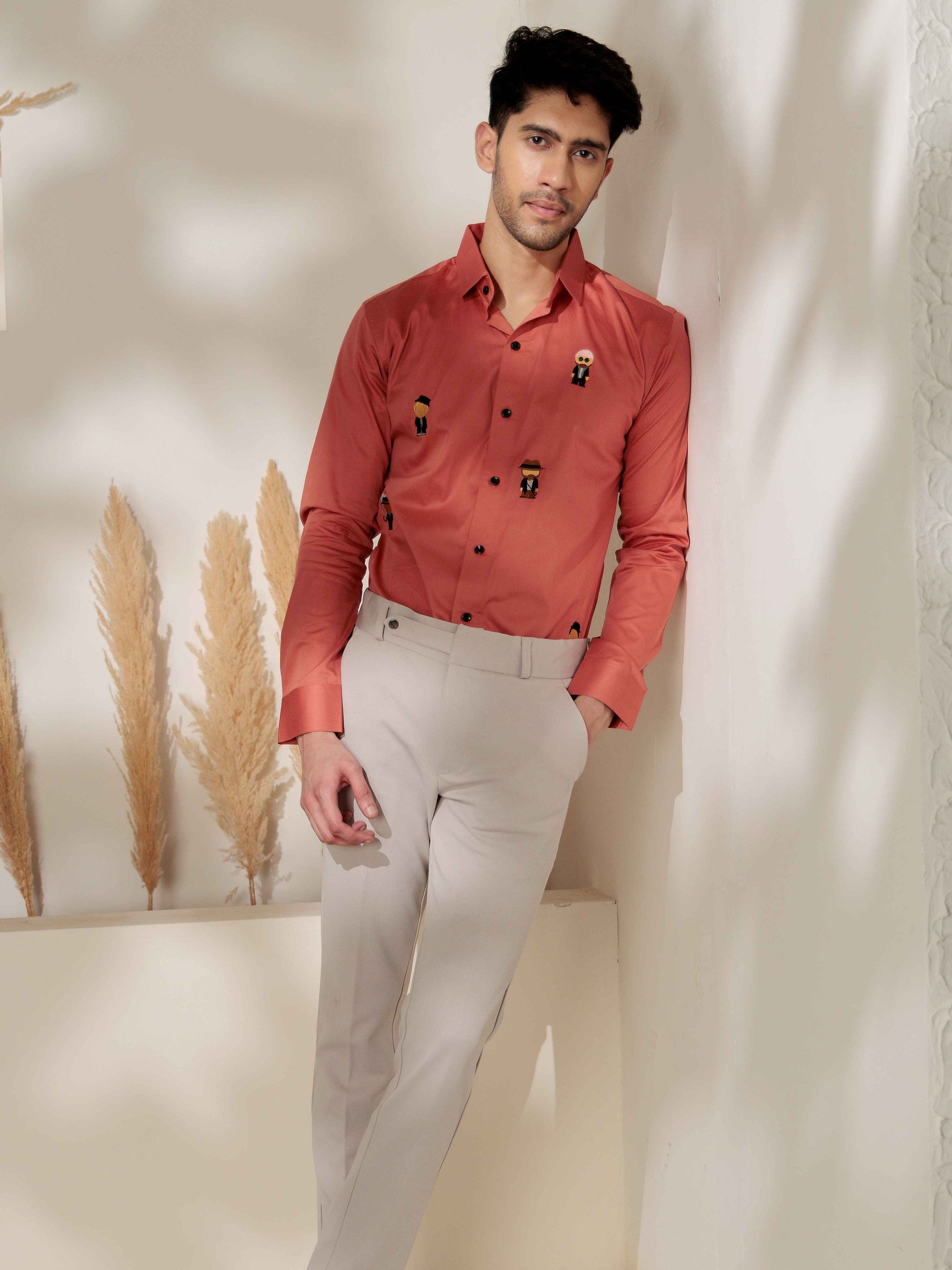 FOOMER ORANGE EMBROIDERED DESIGNER SATIN COTTON SHIRT