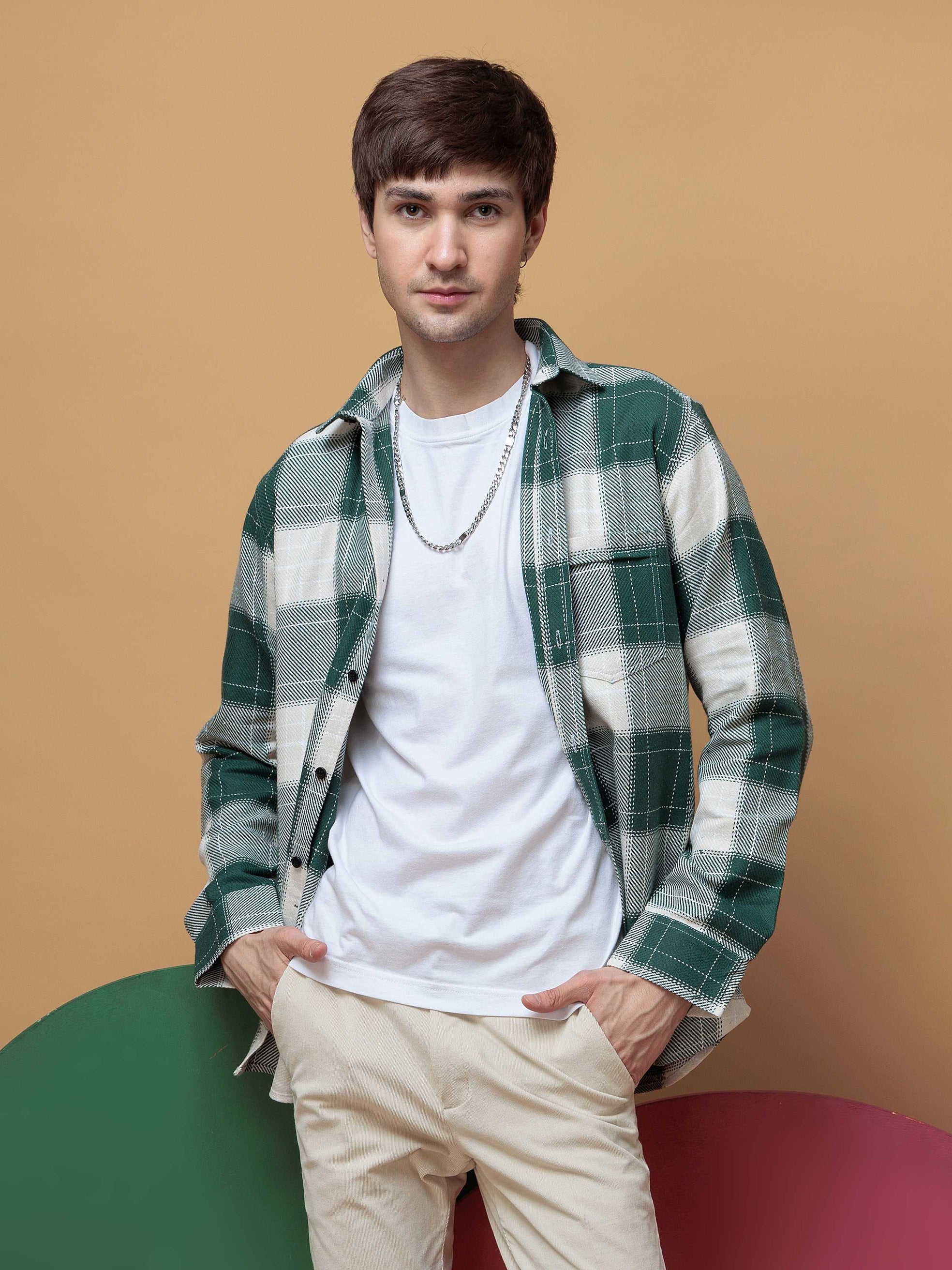 FOOMER TARTAN GREEN CHECKED CASUAL SHIRT FOR MEN'S