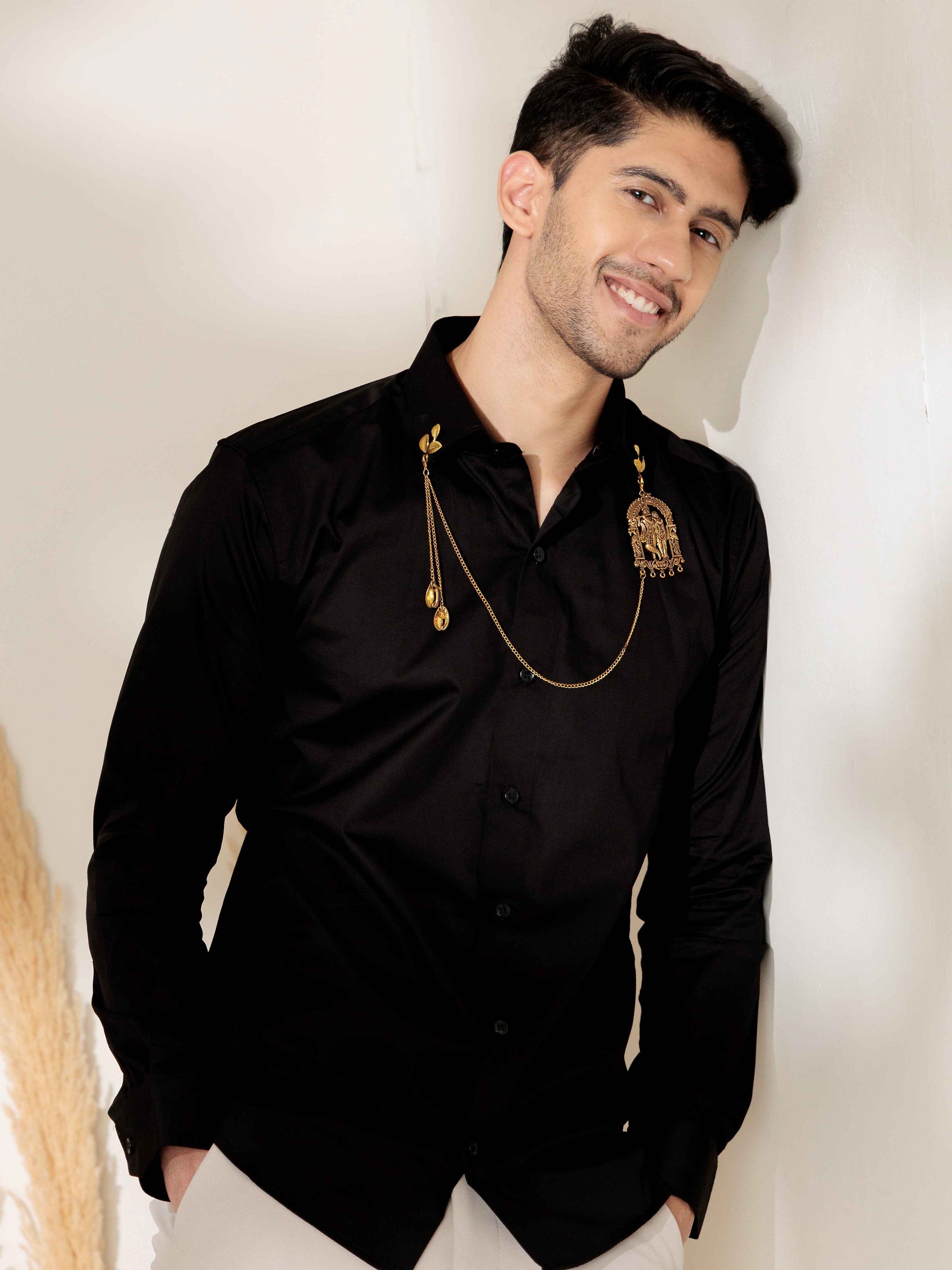 FOOMER RADHEKRISHNA BLACK DESIGNER SATIN COTTON SHIRT