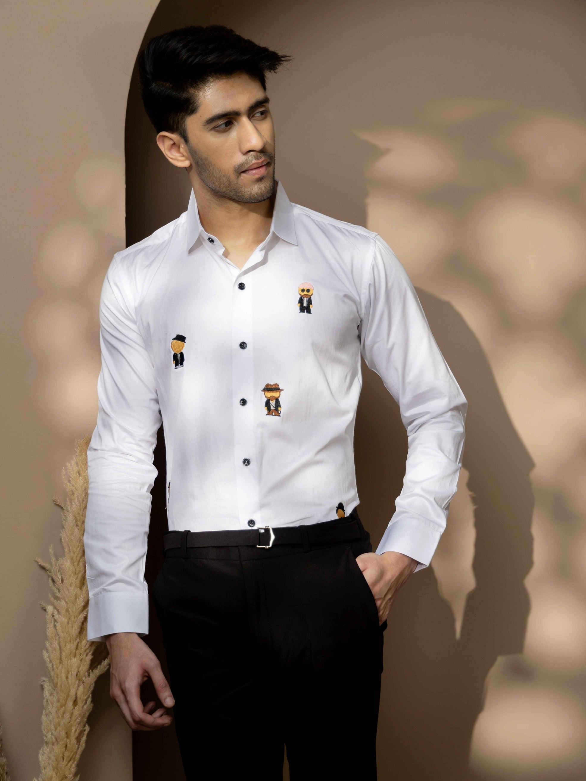 FOOMER WHITE EMBROIDERED DESIGNER WEAR SATIN COTTON SHIRT