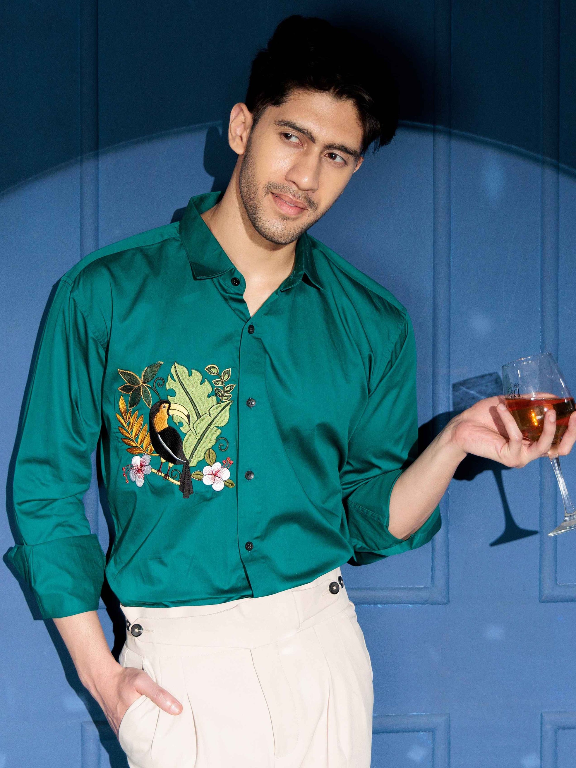 FOOMER  BIRD NEST EMBROIDERED RAMA LUXURY COTTON SHIRT FOR MEN