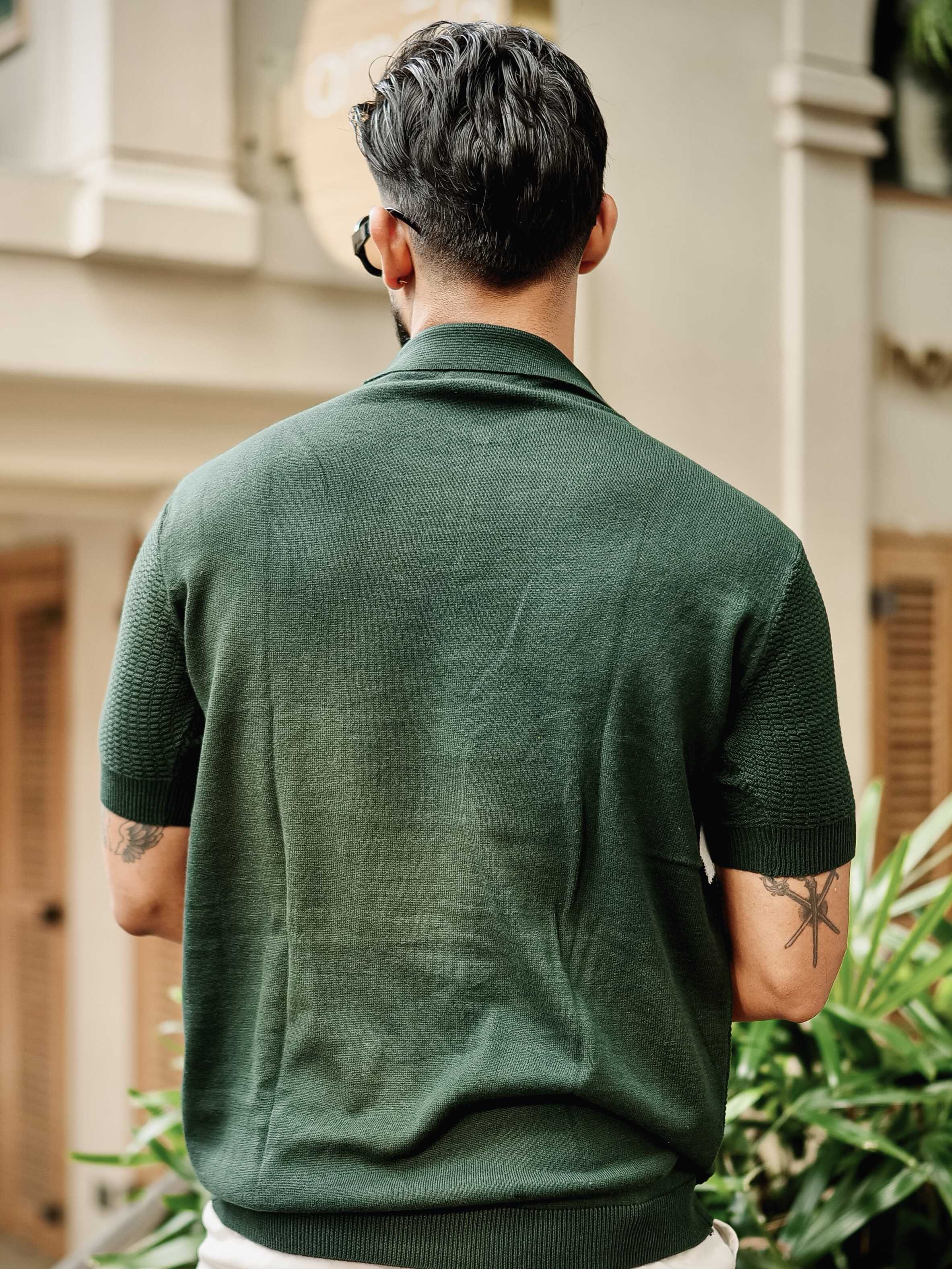 FOOMER GREEN HALF SLEEVE KNITTED TSHIRT FOR MEN'S